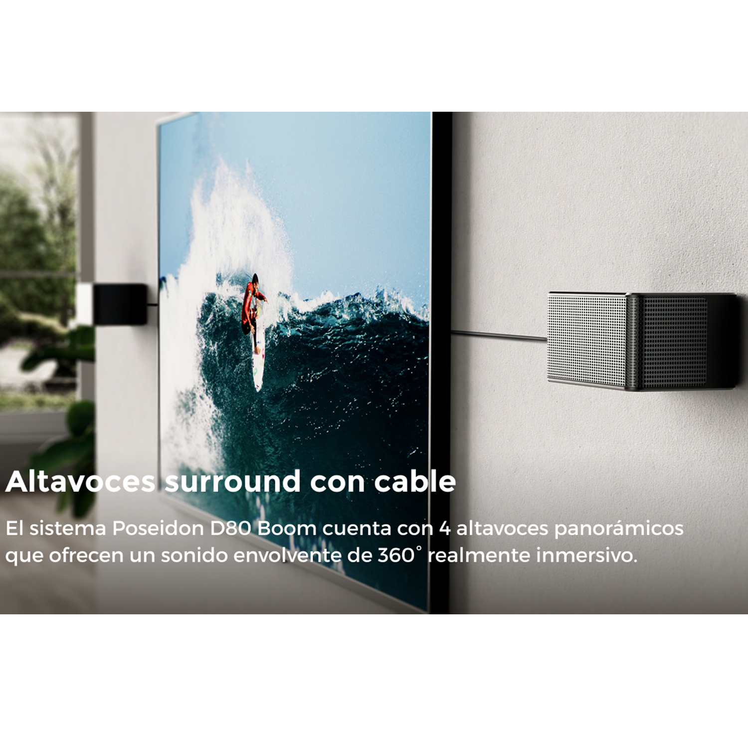 Surfista en una ola y un televisor con altavoces. El texto dice 'Altavoces surround con cable'.