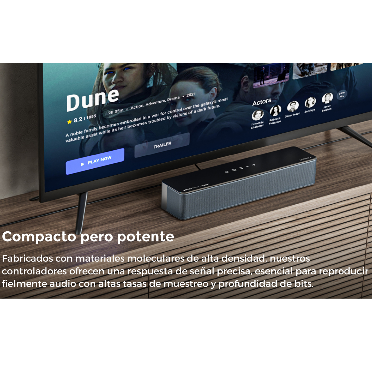 TV mostrando una película, con barra de sonido abajo. Texto enfatiza el diseño compacto y potente.