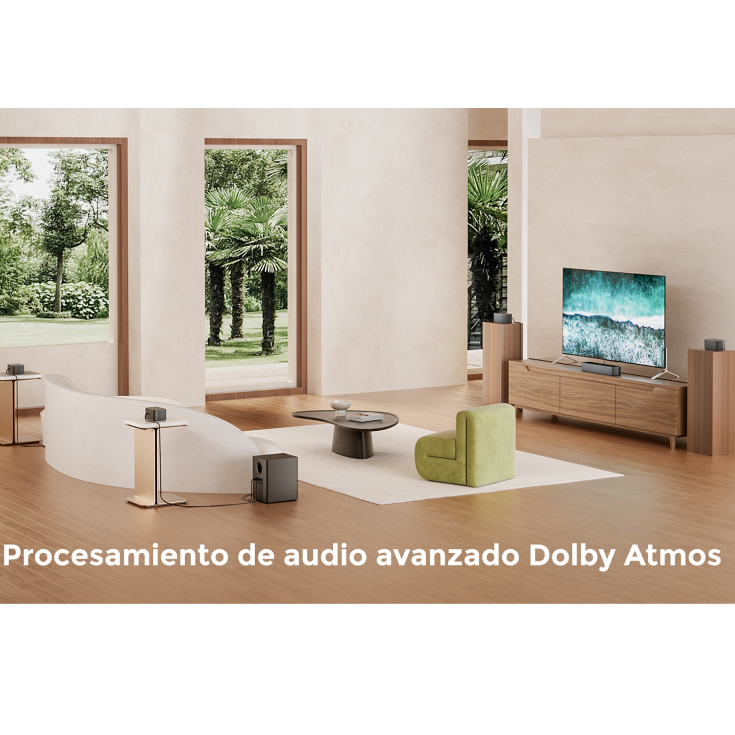 Salón moderno con altavoces y TV. El texto promueve el procesamiento de audio Dolby Atmos.