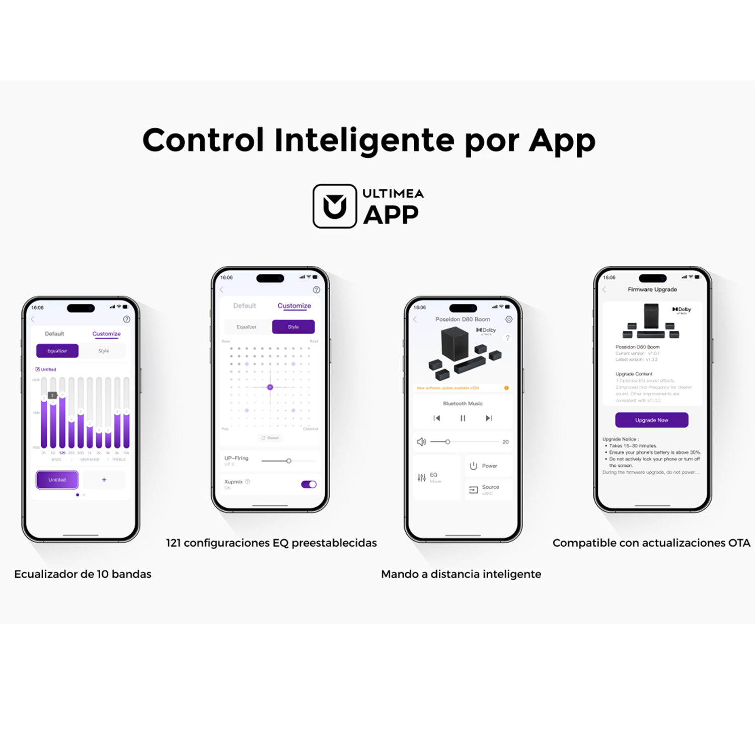 Capturas de pantalla de una app móvil, mostrando funciones en español. Control de dispositivos de audio.