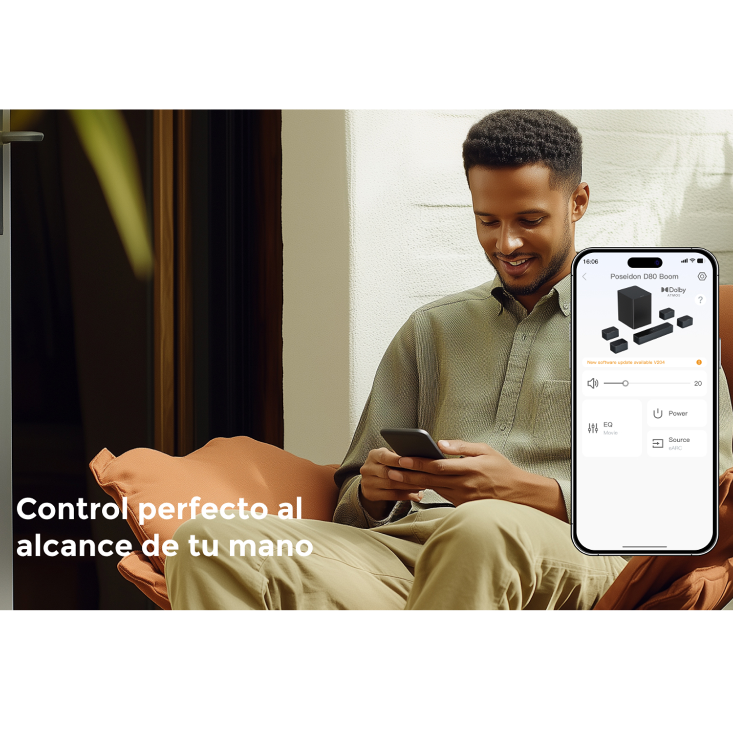 Un hombre con un teléfono, mirando una app de sistema de sonido. Muestra una interfaz de control.
