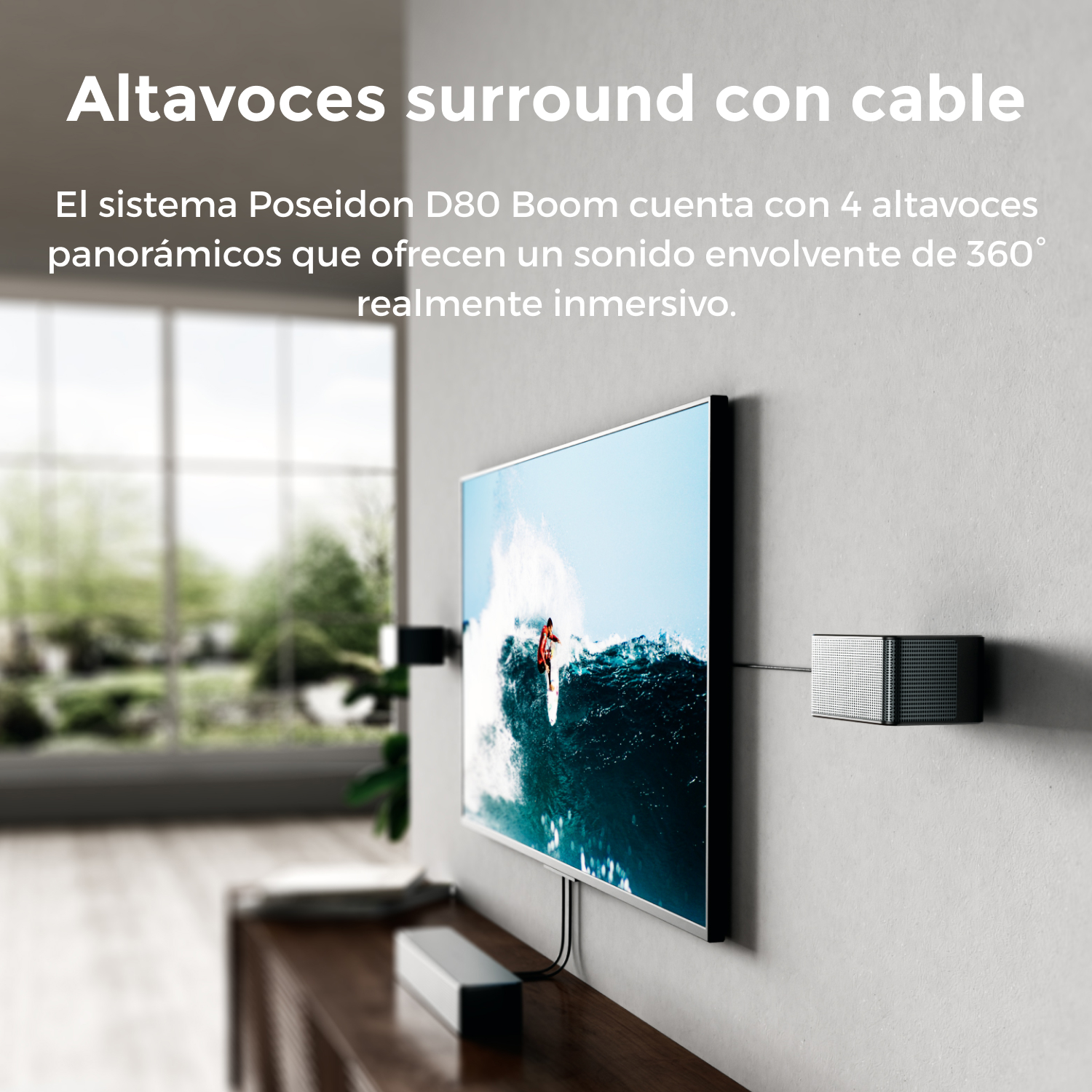 Un televisor y un sistema de sonido. El televisor muestra a una persona surfeando y los altavoces están en la pared.
