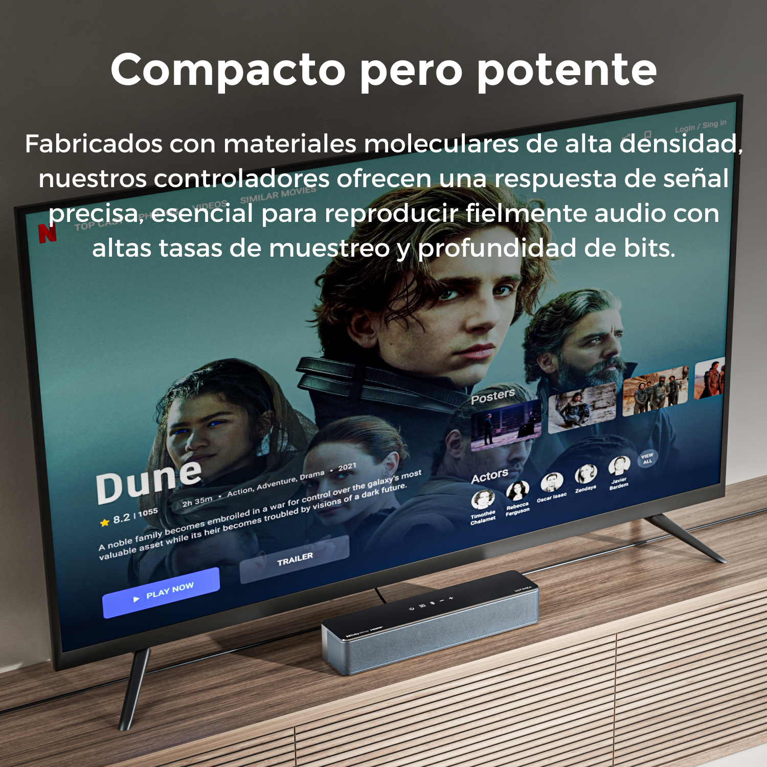 Un televisor muestra un cartel de película. Una barra de sonido debajo, texto en la parte superior.