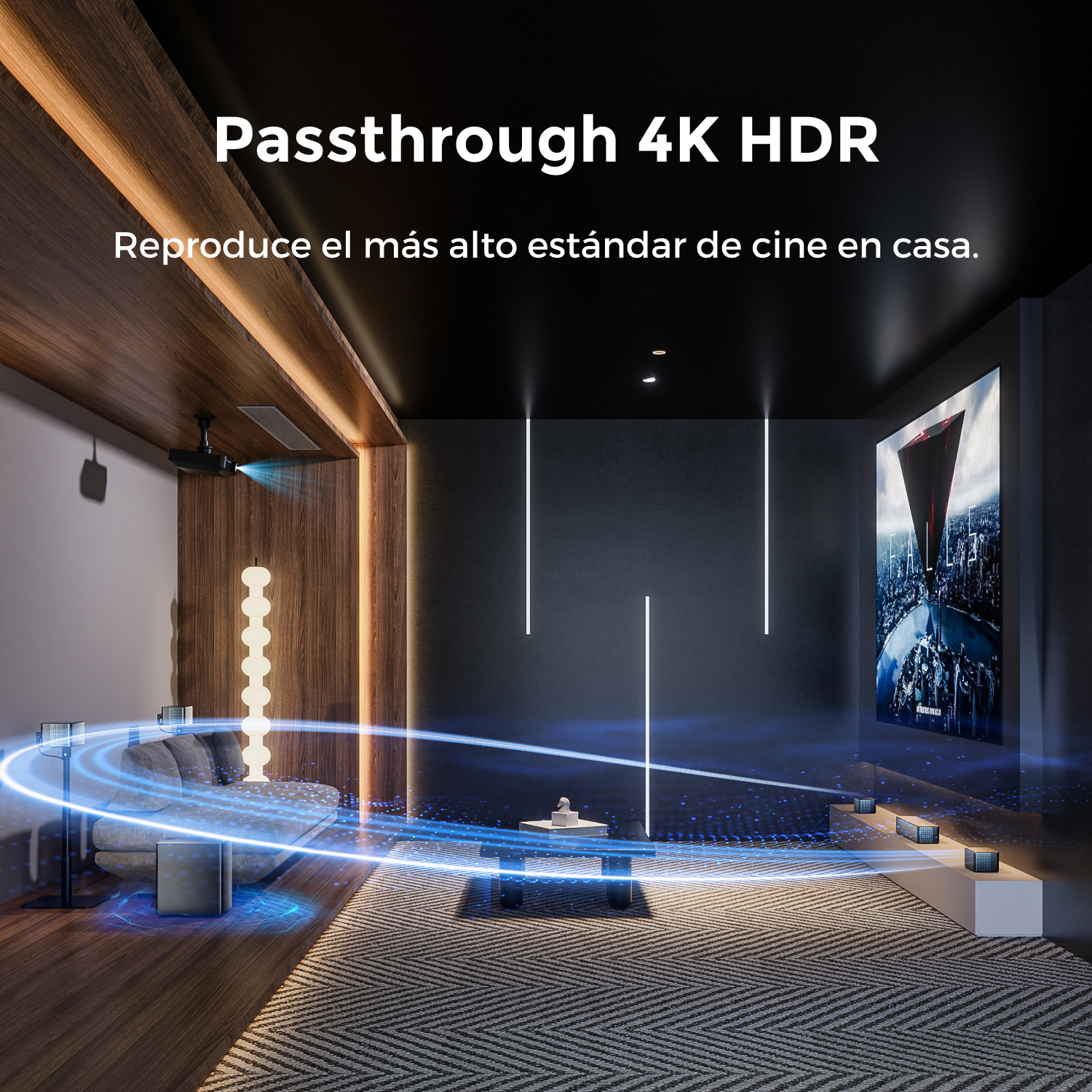 Una sala de cine en casa con una pantalla grande. Rayos de luz azul y un sofá.