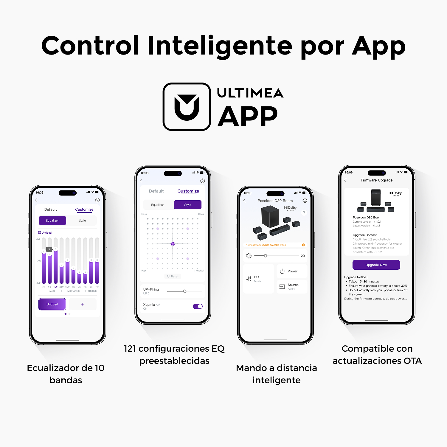 Cuatro pantallas de smartphone que muestran una interfaz de aplicación con opciones y configuraciones de control de audio.