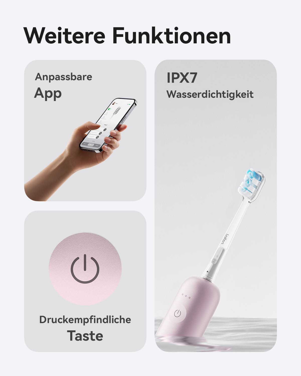 Ein Bild, das eine pinke elektrische Zahnbürste zeigt, mit der Hand des Benutzers, die ein Telefon mit einer App hält.