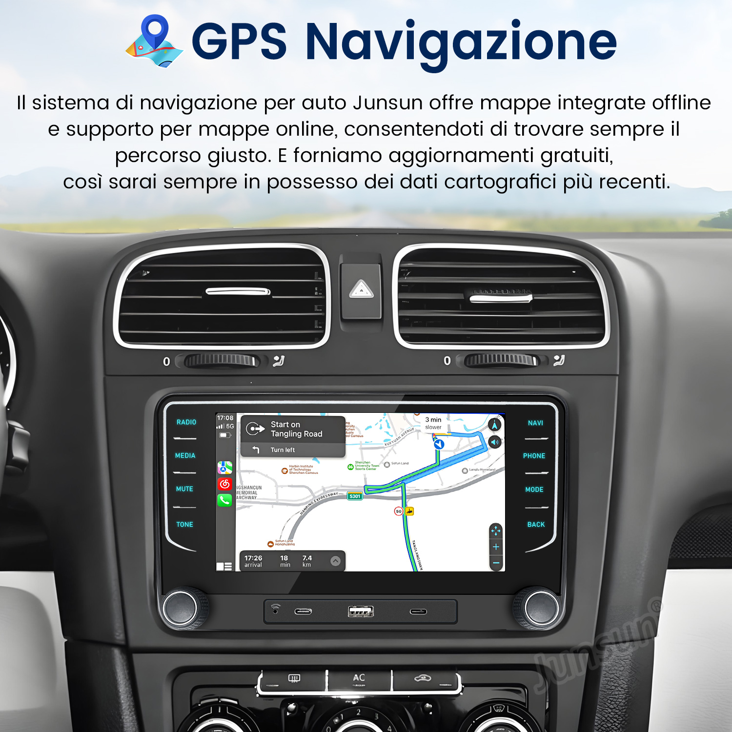 Cruscotto auto con interfaccia di navigazione GPS visualizzata sullo schermo.