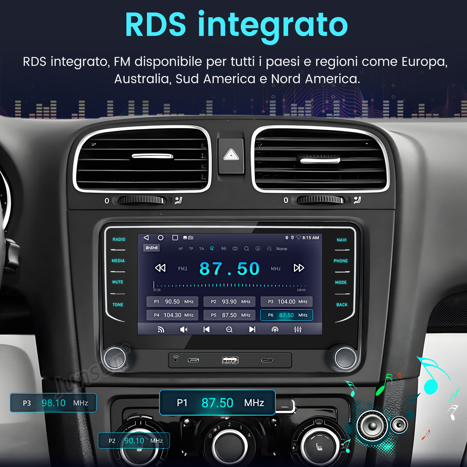 Autoradio, cruscotto nero, display radio con frequenza FM 87,50 MHz e funzioni auto.