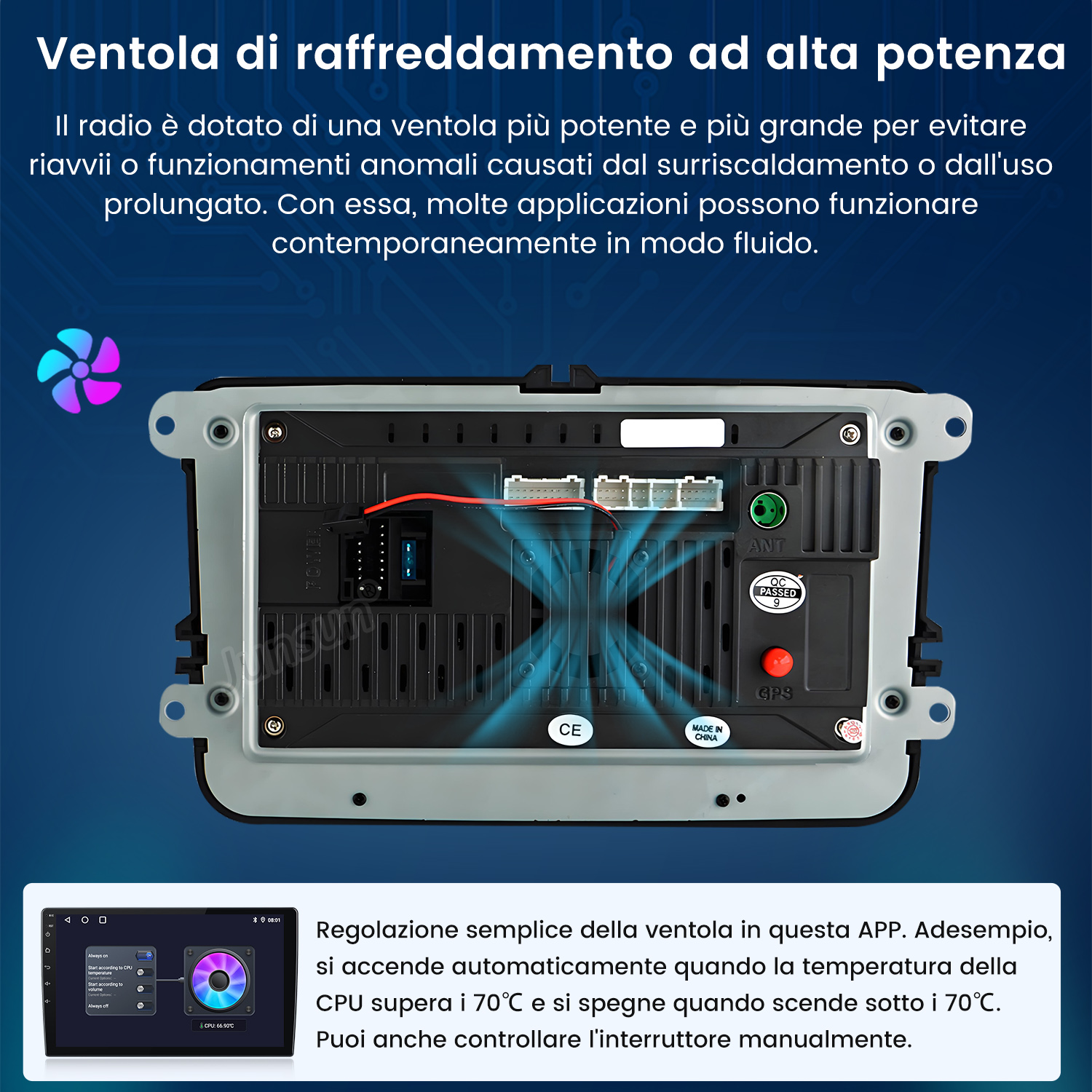 Retro autoradio con componenti interni, ventola e dettagli cablaggio. Piccolo schermo mostra interfaccia colorata.