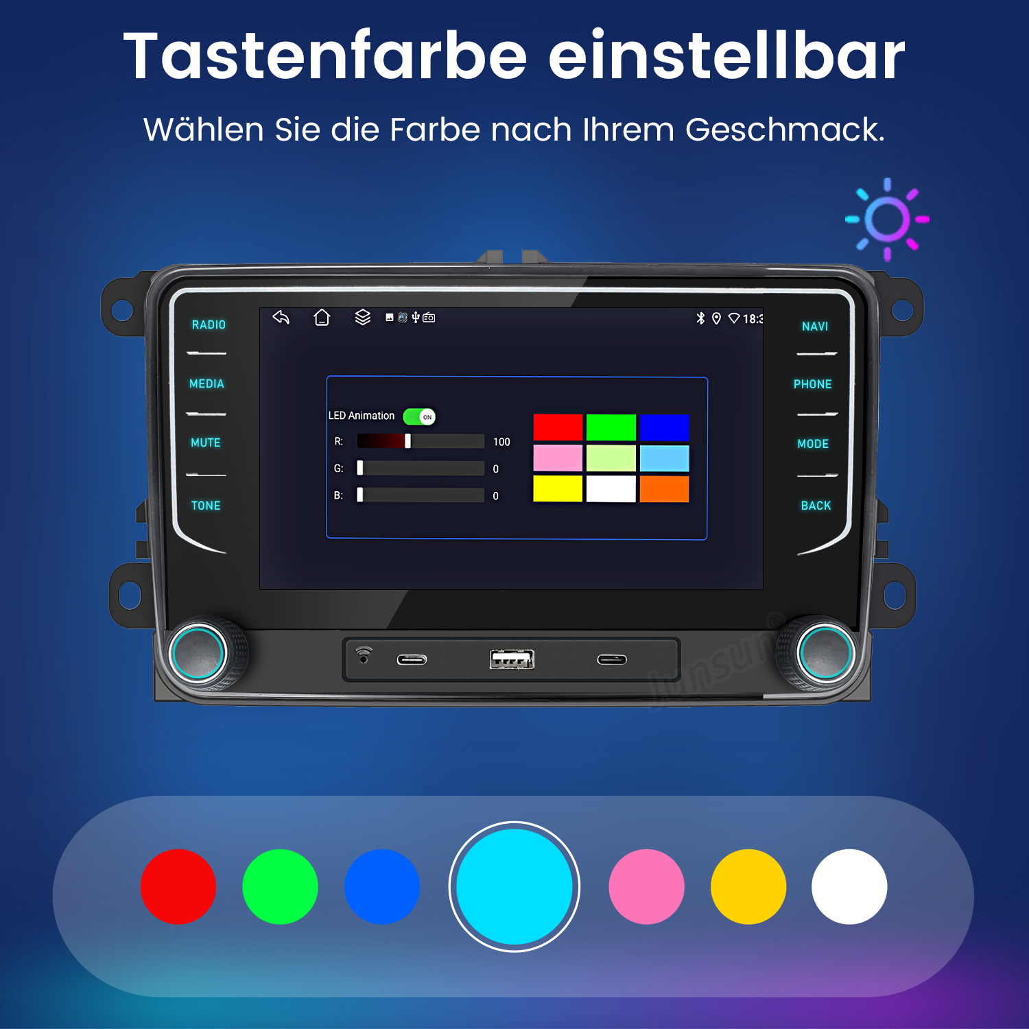 Interfaccia autoradio con opzioni di personalizzazione del colore, mostra uno schermo con selezioni di palette.