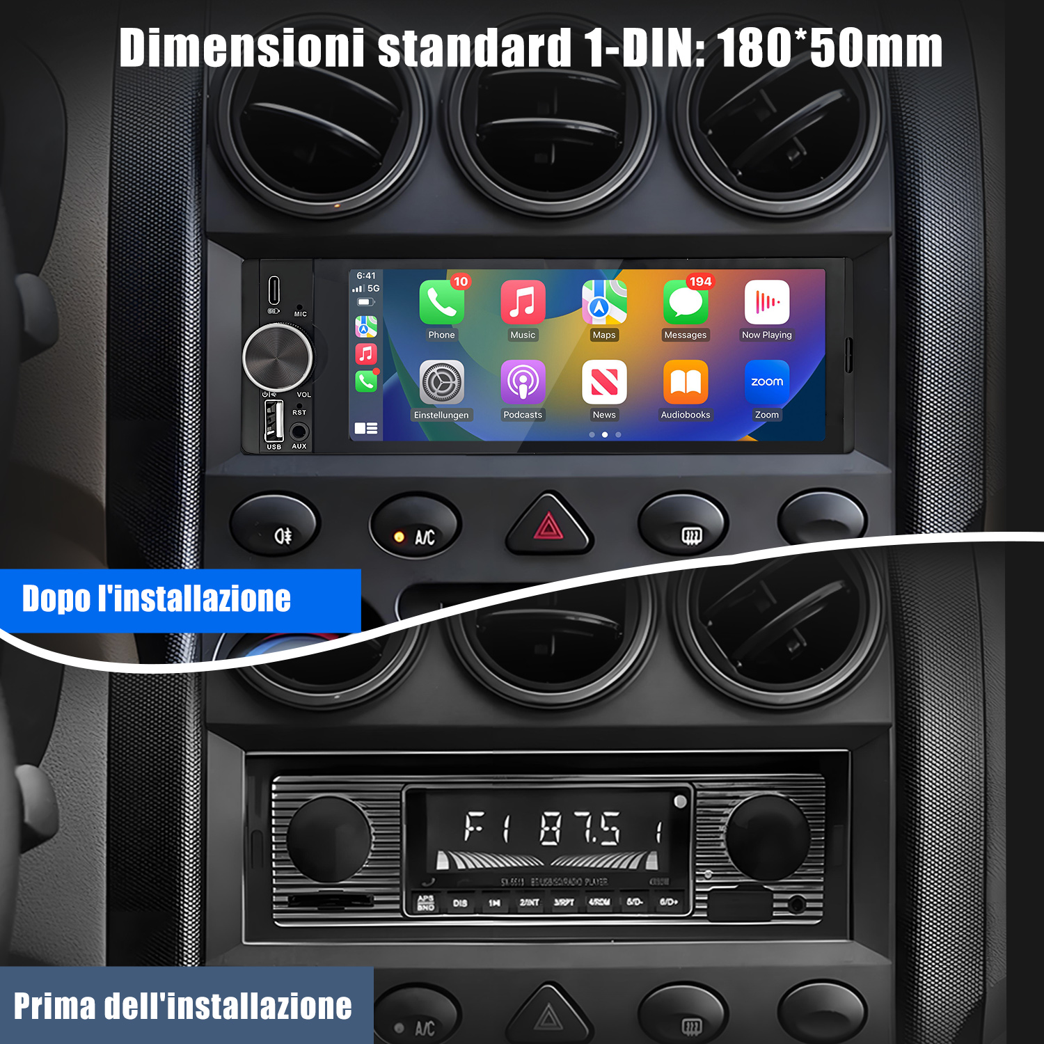 Autoradio installata nel cruscotto, con confronto prima e dopo, mostrando il display con le app.