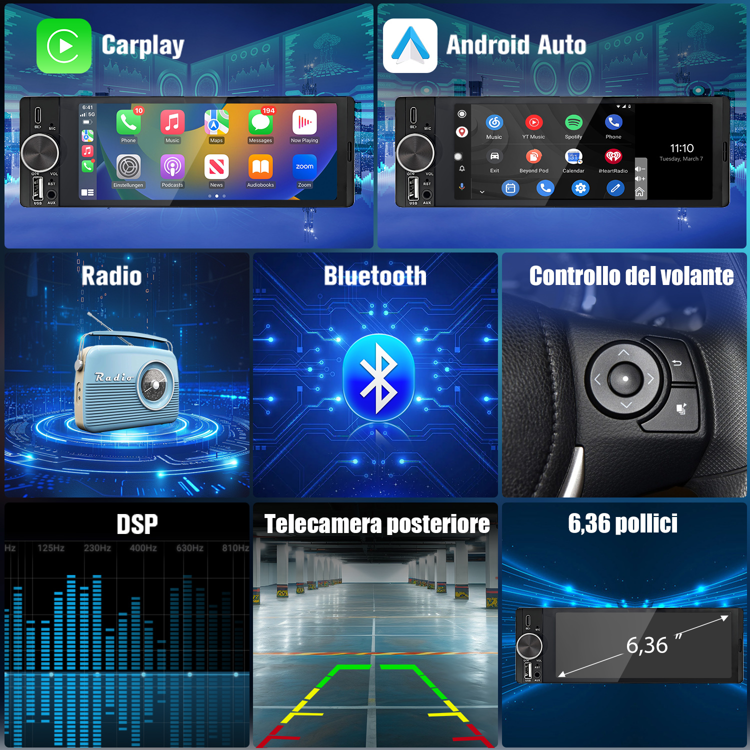 Autoradio con CarPlay, Android Auto, radio, display telecamera posteriore, Bluetooth e controllo al volante.