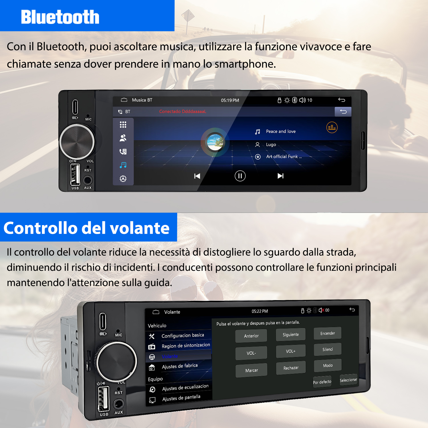 Autoradio con connettività Bluetooth, che mostra un dispositivo connesso e controlli per la riproduzione musicale.