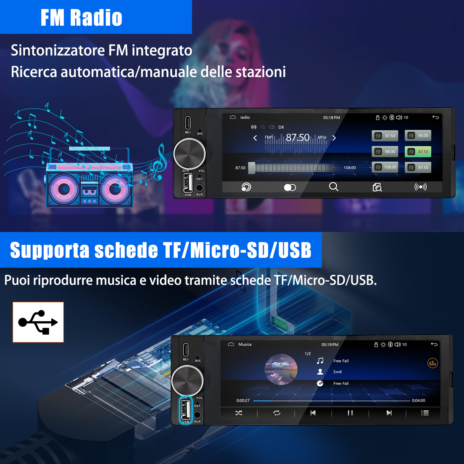 Due schermi autoradio; uno per la radio FM, l'altro per la riproduzione di musica da USB.