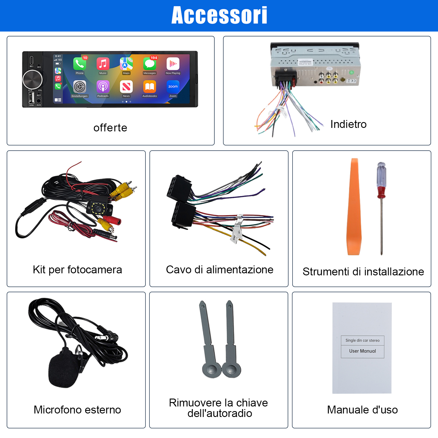 Un collage di accessori per autoradio, tra cui un kit fotocamera, cablaggio e un manuale utente.