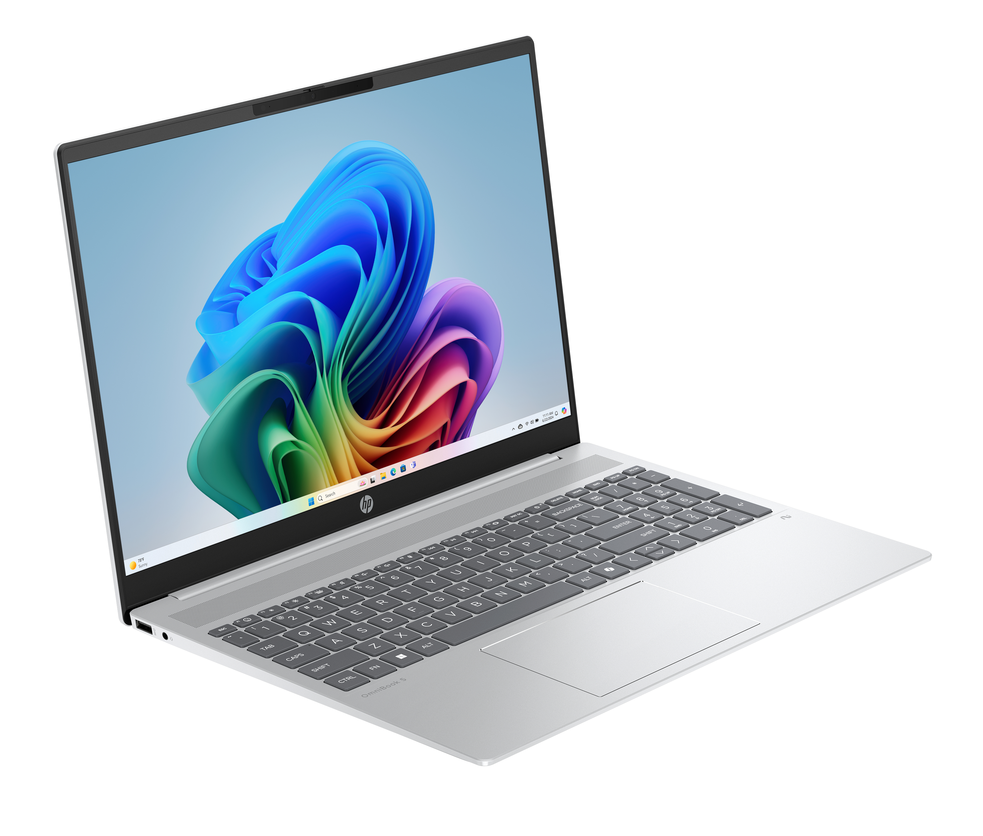 A silver laptop with a bright screen displaying a colorful graphic, on a white surface.