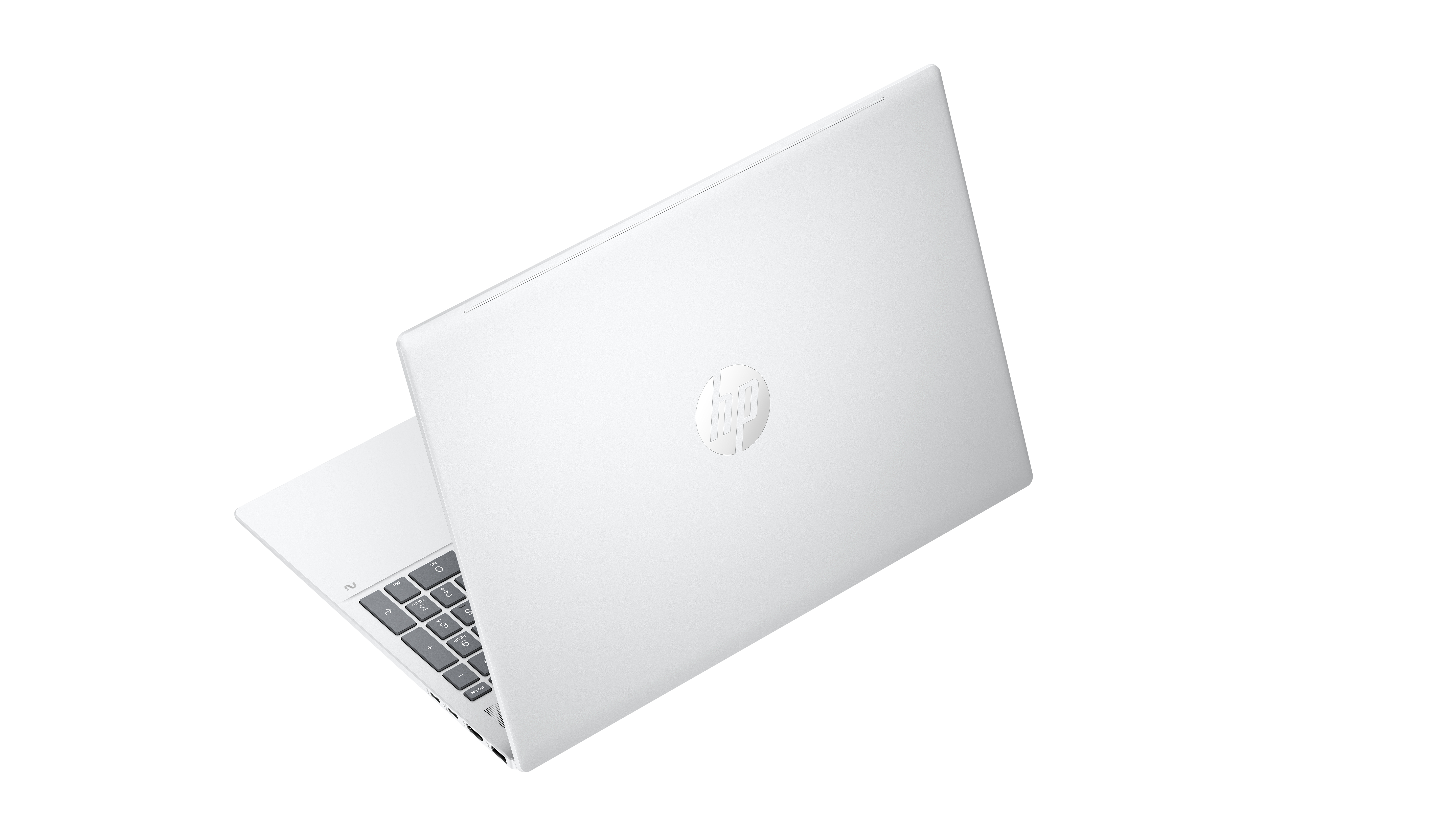 A white laptop, closed, angled on a white background. The HP logo is visible on the lid.