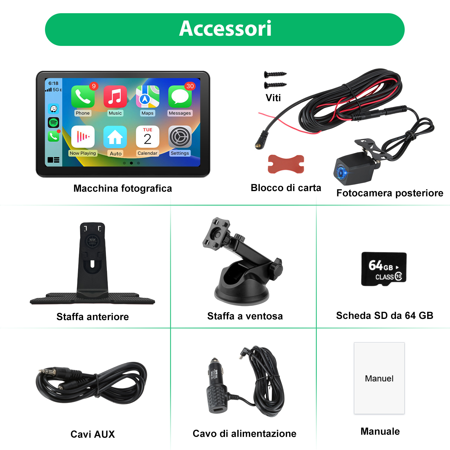 Immagine di accessori per auto con etichette in italiano. Include schermo, telecamera, cavi e parti di montaggio.