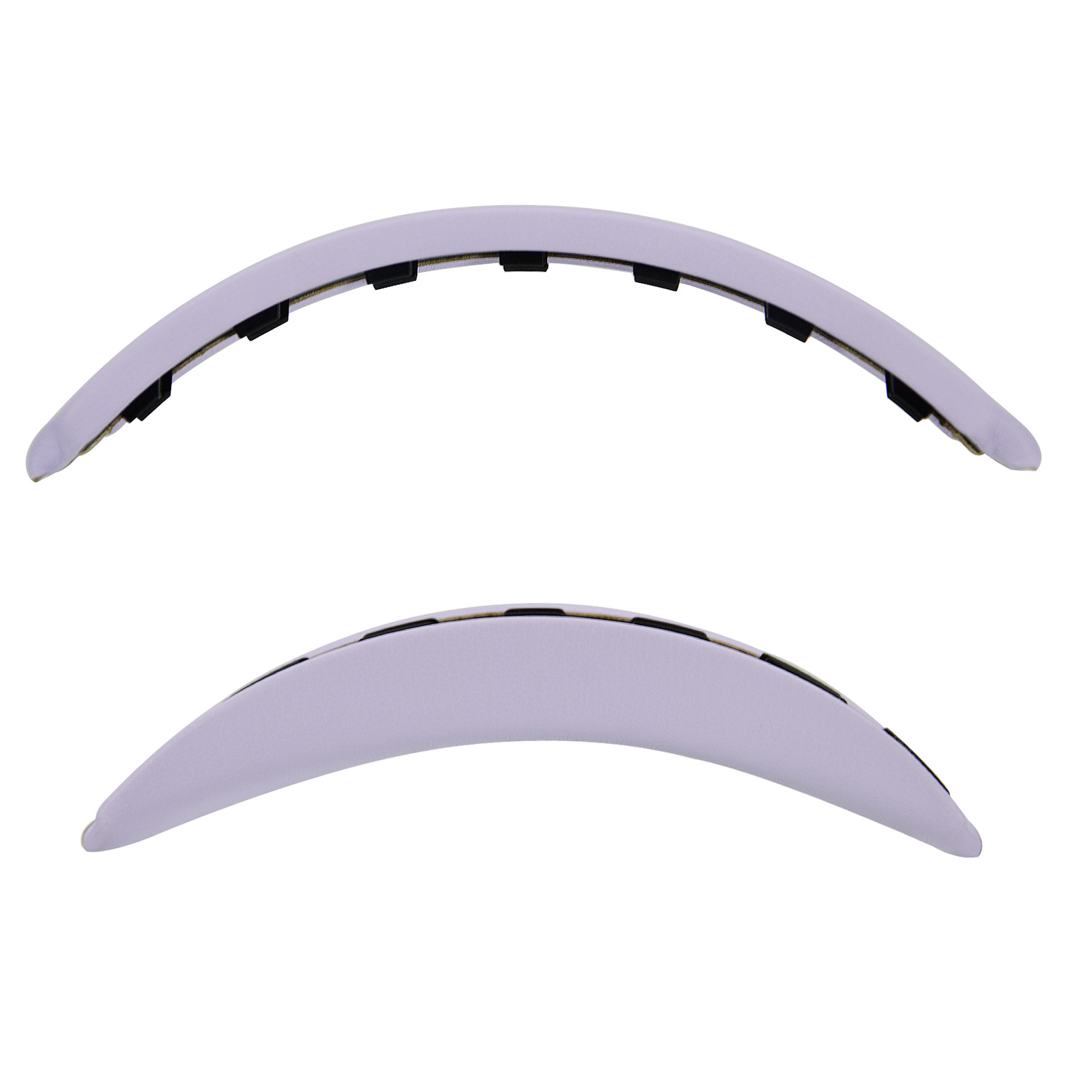 Due cuscinetti per archetto curvi, viola chiaro, uno sopra l'altro. Ognuno ha elementi di fissaggio neri lungo la curva interna.
