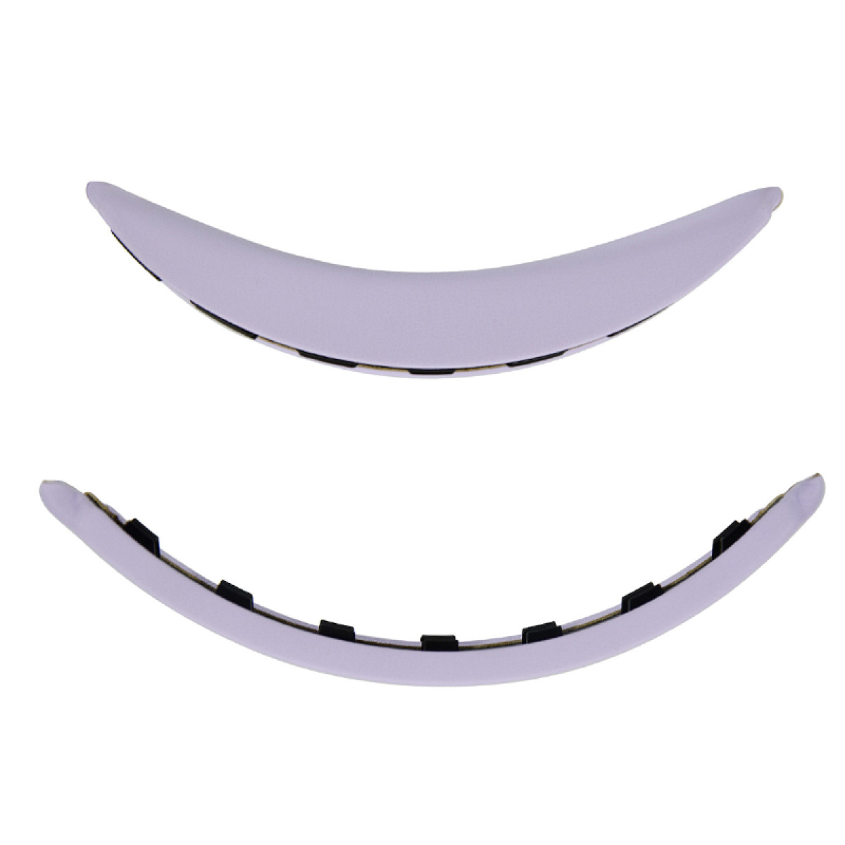 Due cuscinetti per archetto curvi, viola chiaro, uno sotto l'altro. Ognuno ha elementi di fissaggio neri lungo la curva esterna.