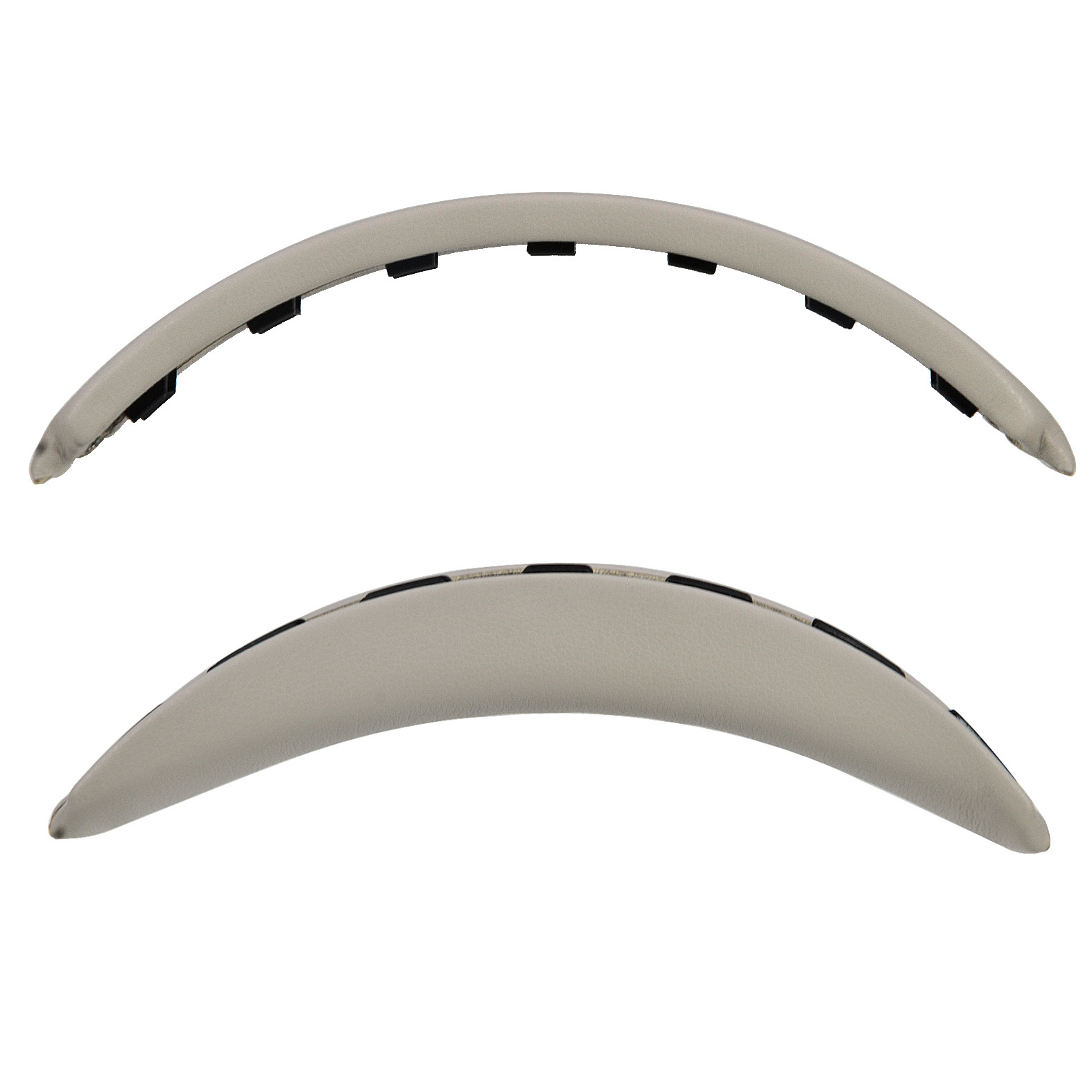 Due fasce per cuffie grigie curve. Entrambe hanno una superficie grigio chiaro e dettagli neri sul lato inferiore.