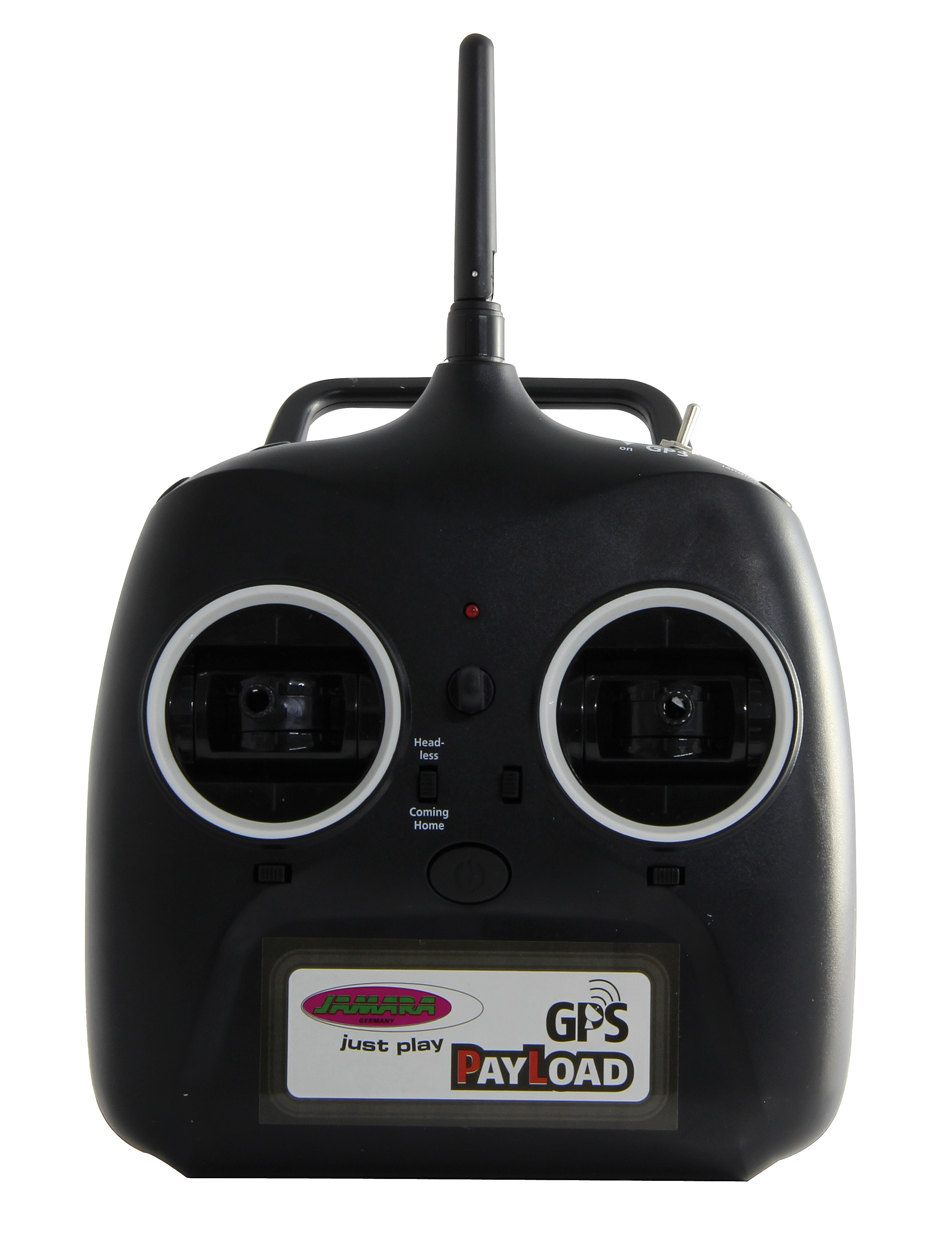 Schwarzer Drohnen-Controller mit Antennen, Knöpfen und einem Bildschirm, der GPS- und Nutzlastinformationen anzeigt.