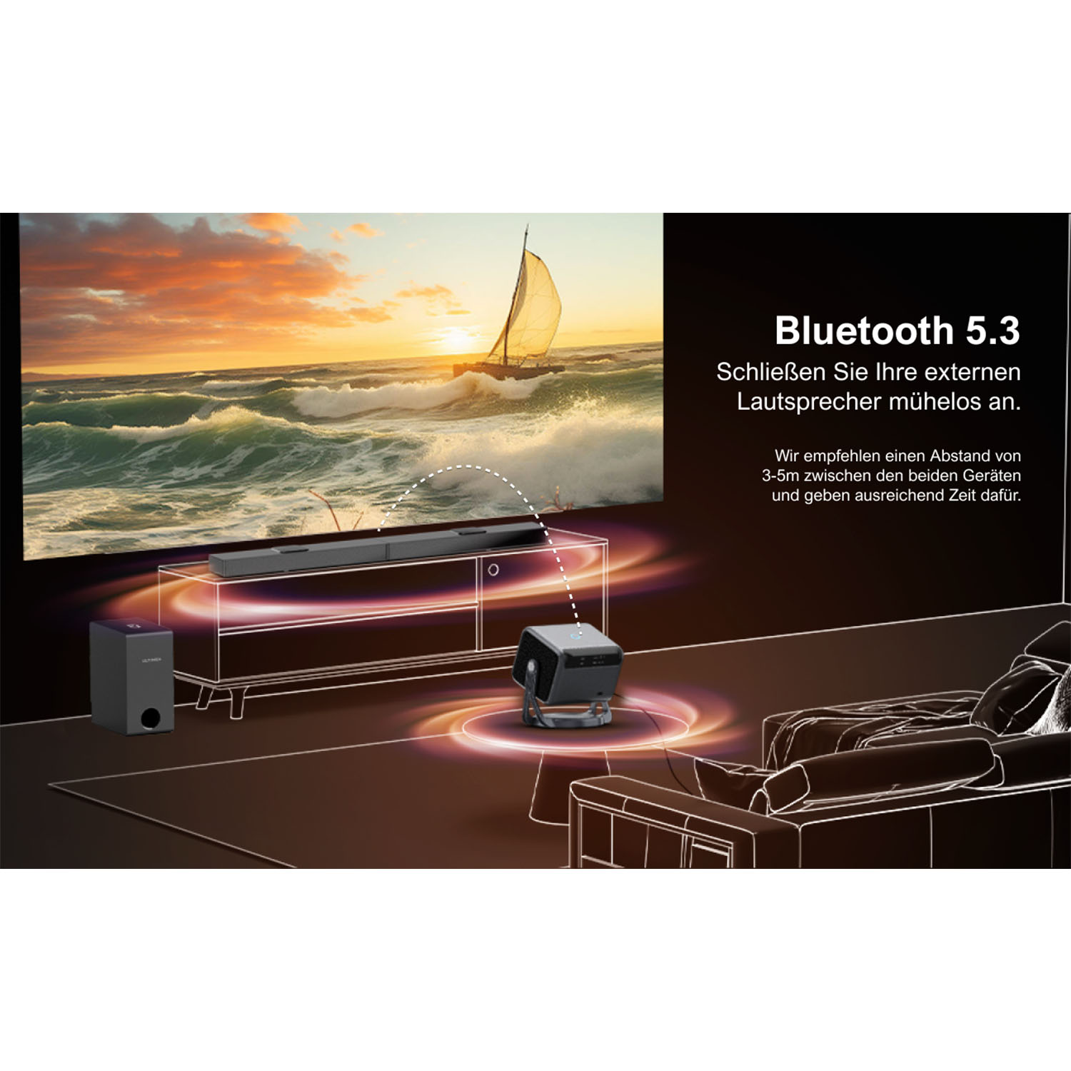 Projektor-Setup in einem Wohnzimmer. Text über Bluetooth 5.3 und Lautsprecheranschluss.