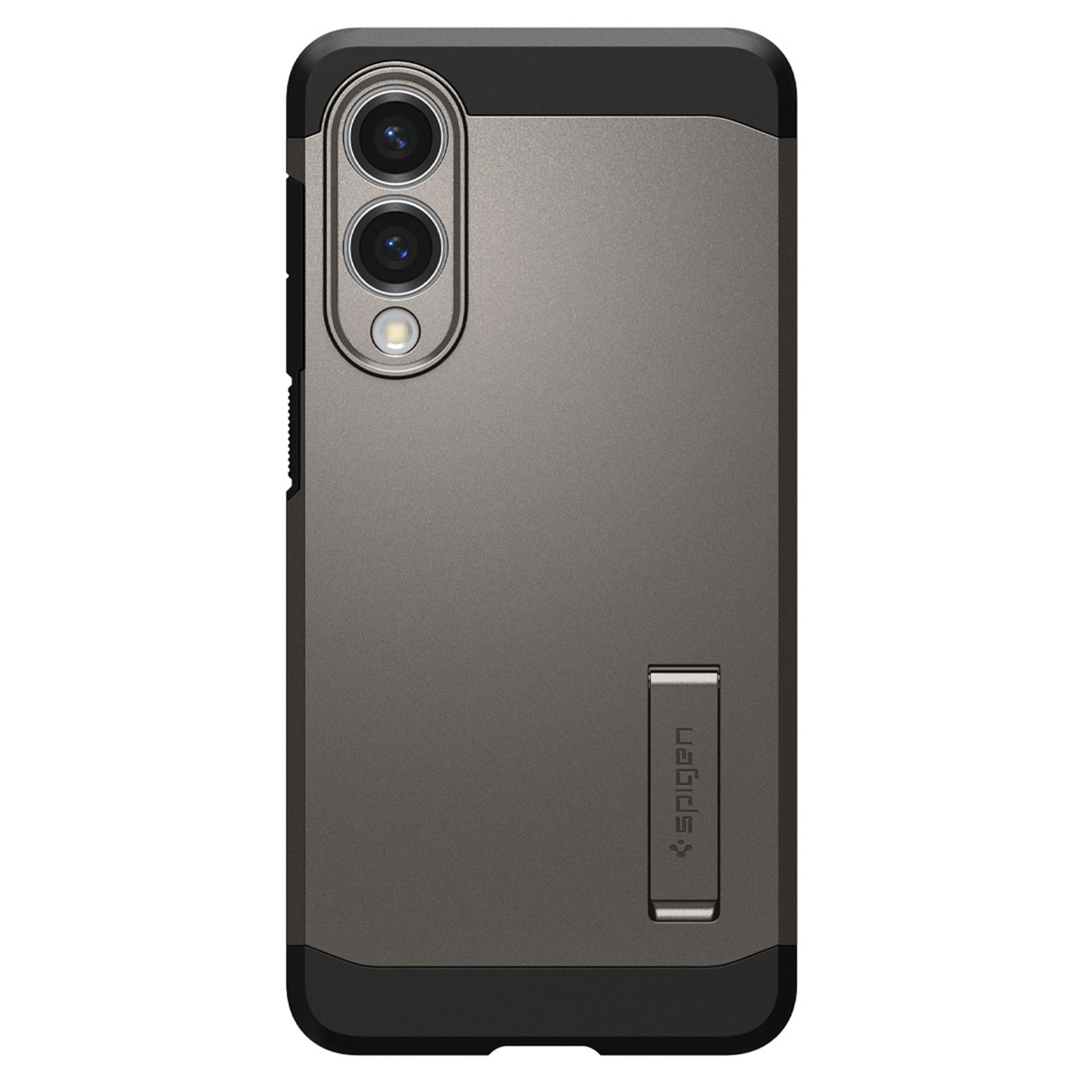 Telefoonhoesje met een standaard. De hoes is donkergrijs en zwart. De merknaam Spigen is zichtbaar.