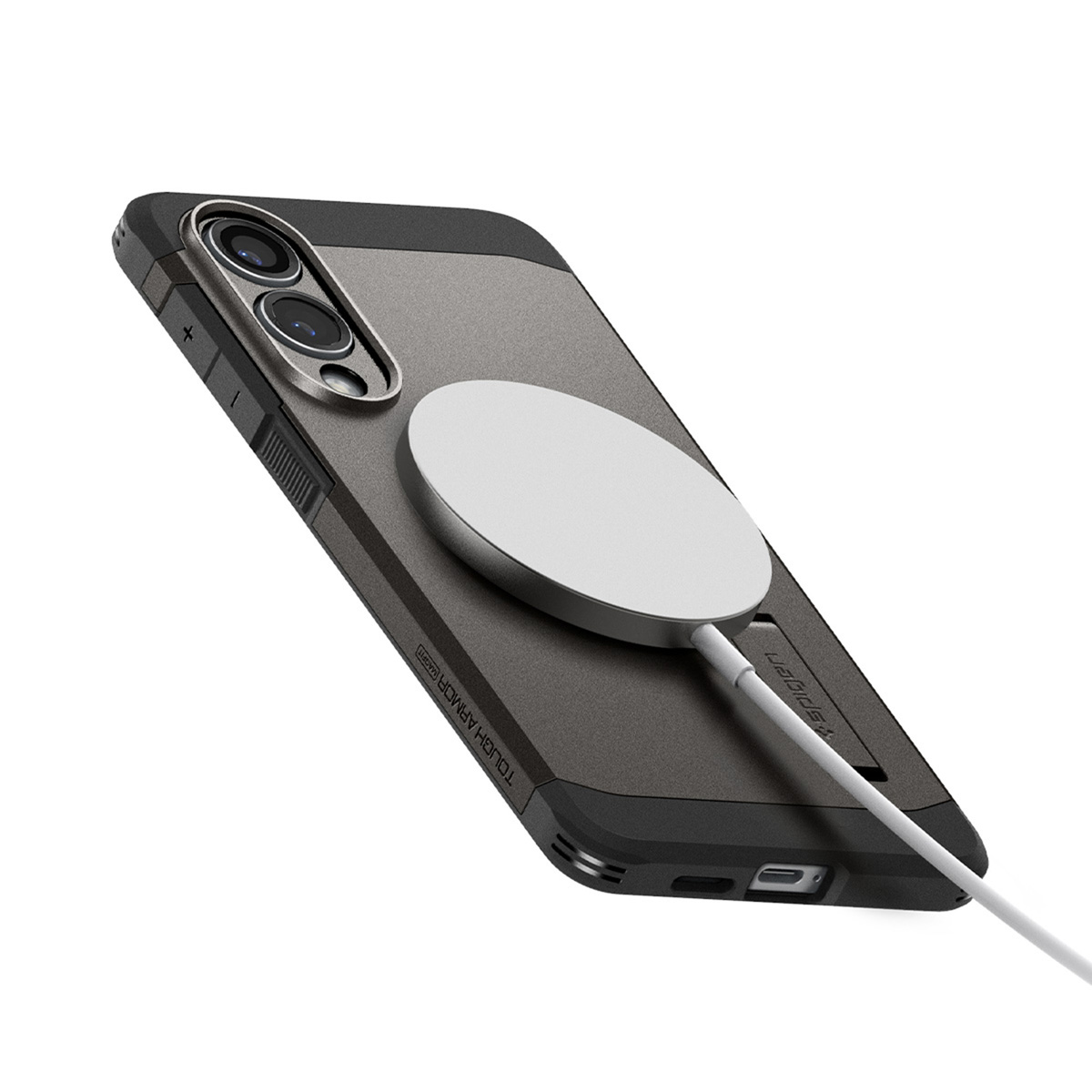 Telefoonhoesje met een oplaadkabel en magnetische bevestiging. Grijs en zwart.
