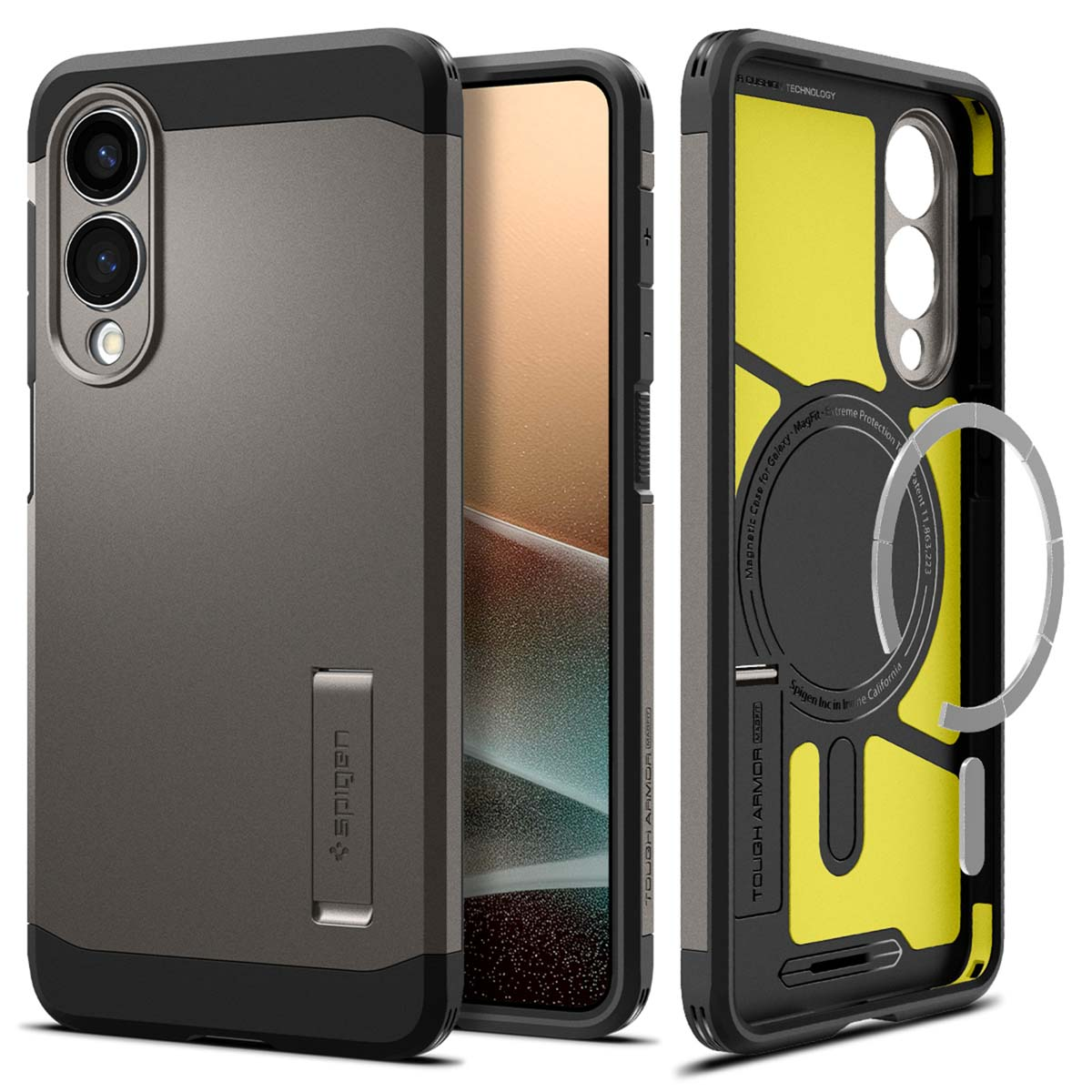 Drie telefoonhoesjes: de telefoon, een standaard en de hoes. De hoes is zwart en grijs met Spigen.