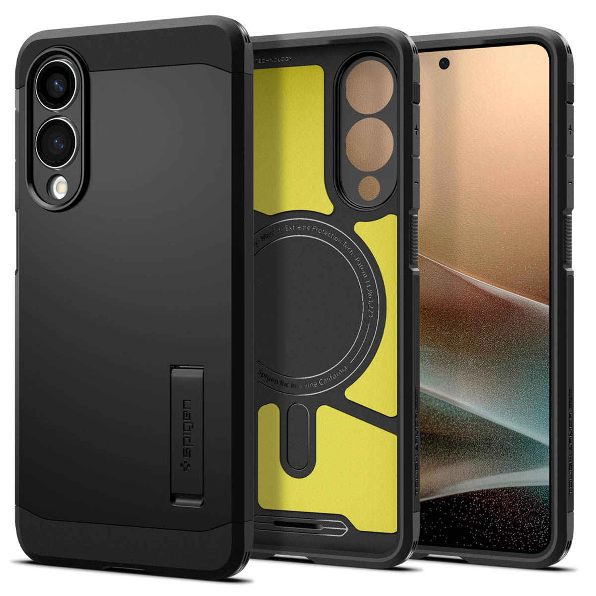 Drie telefoonhoesjes: zwarte hoes, gele binnenkant en een telefoon. De hoes heeft een standaard en Spigen.