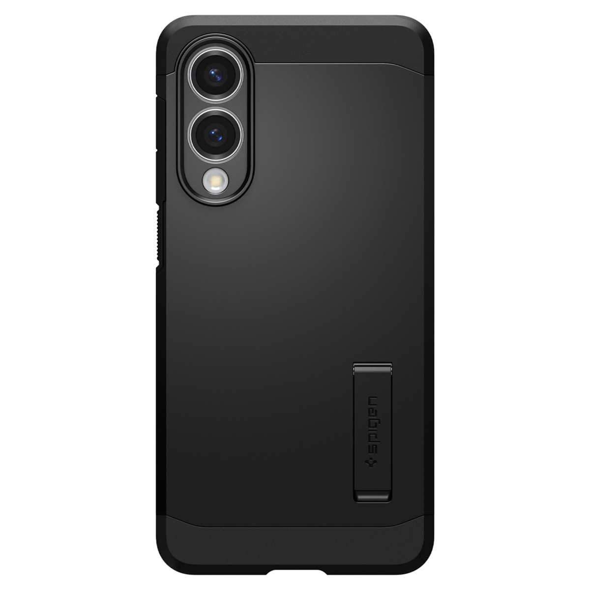 Zwarte telefoonhoes met standaard. De hoes ligt op een wit oppervlak met het merk Spigen.