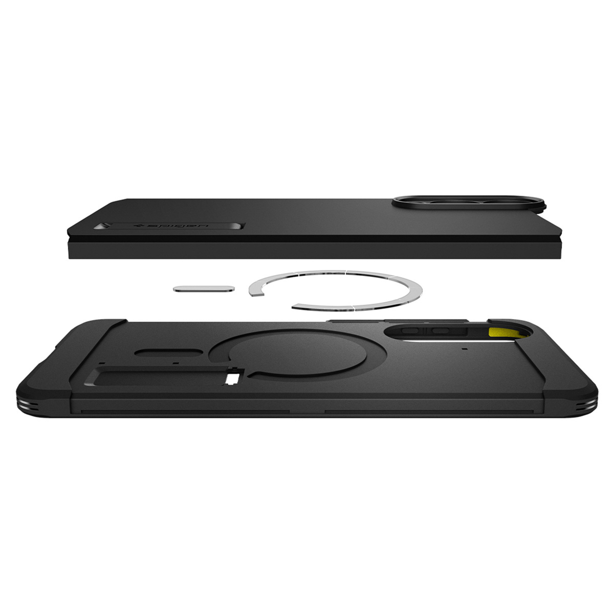Twee zwarte telefoonhoesjes, een met de telefoon, en een zilveren ring. De hoesjes zijn zwart.