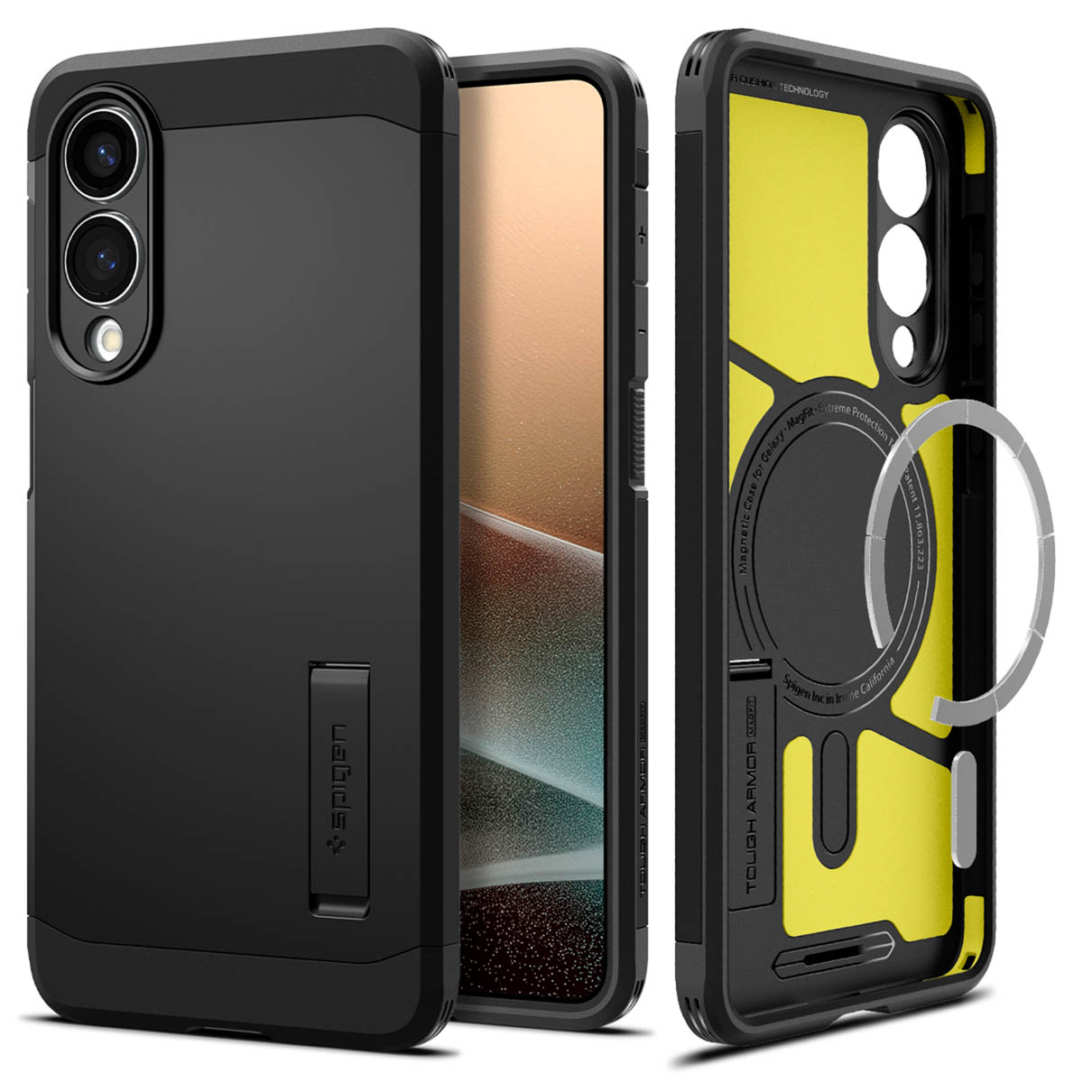 Zwarte telefoonhoes met standaard. Beschermt een zwarte smartphone. De hoes is van plastic.