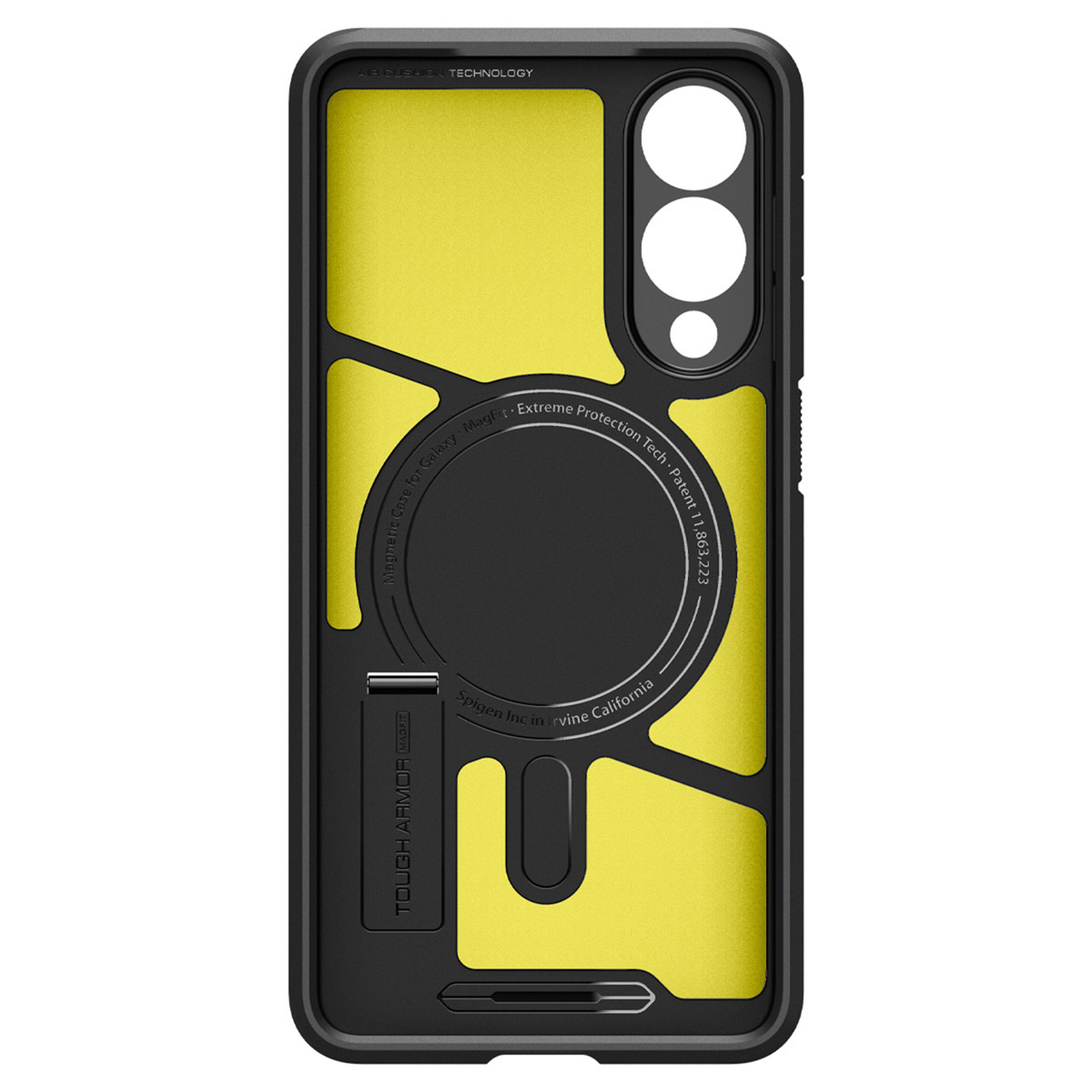 Zwarte en gele telefoonhoes met een standaard. Voorzien van een magnetische ring en Spigen.