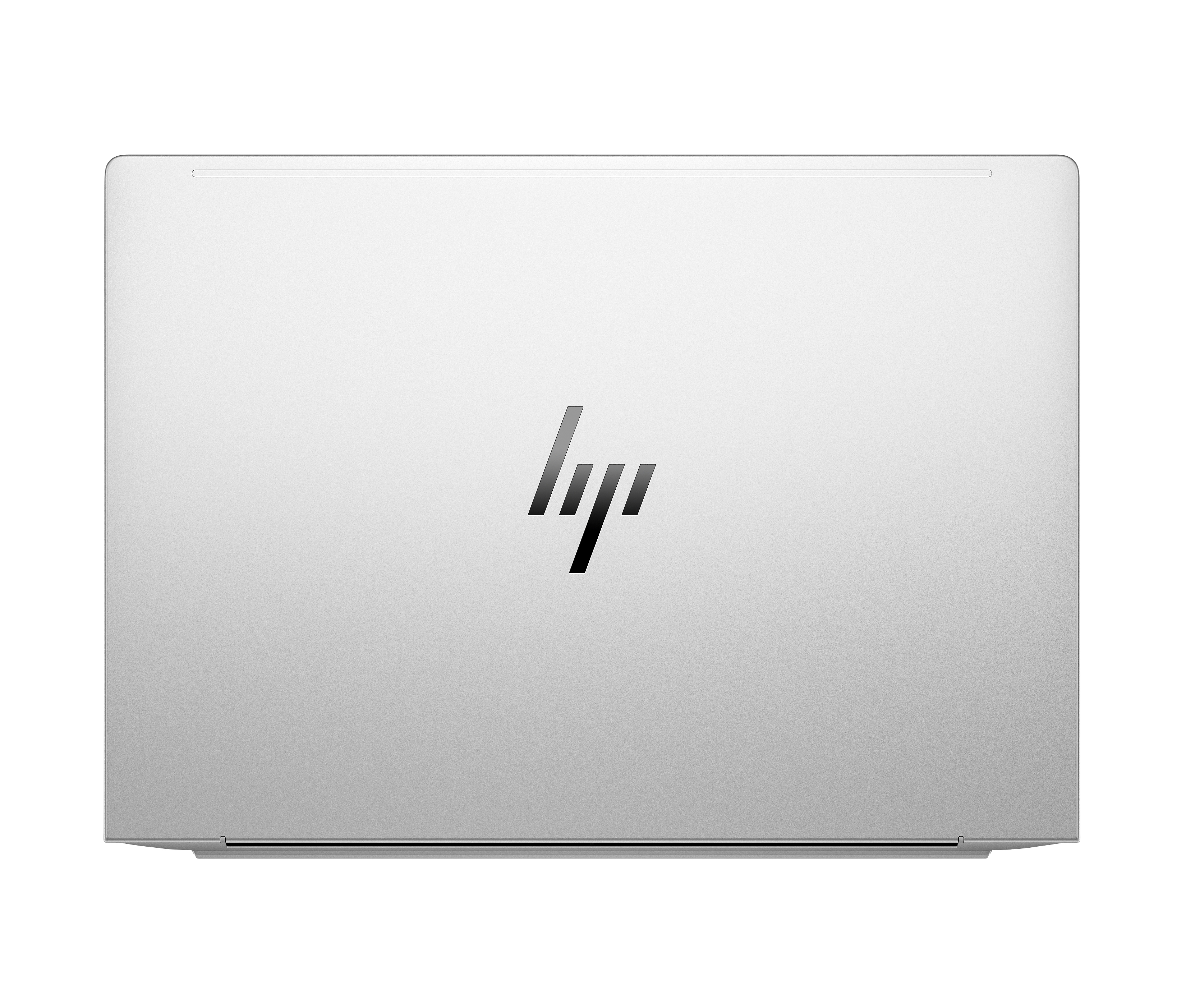 Retro di un laptop argentato con il logo HP centrato. Lo sfondo è bianco.