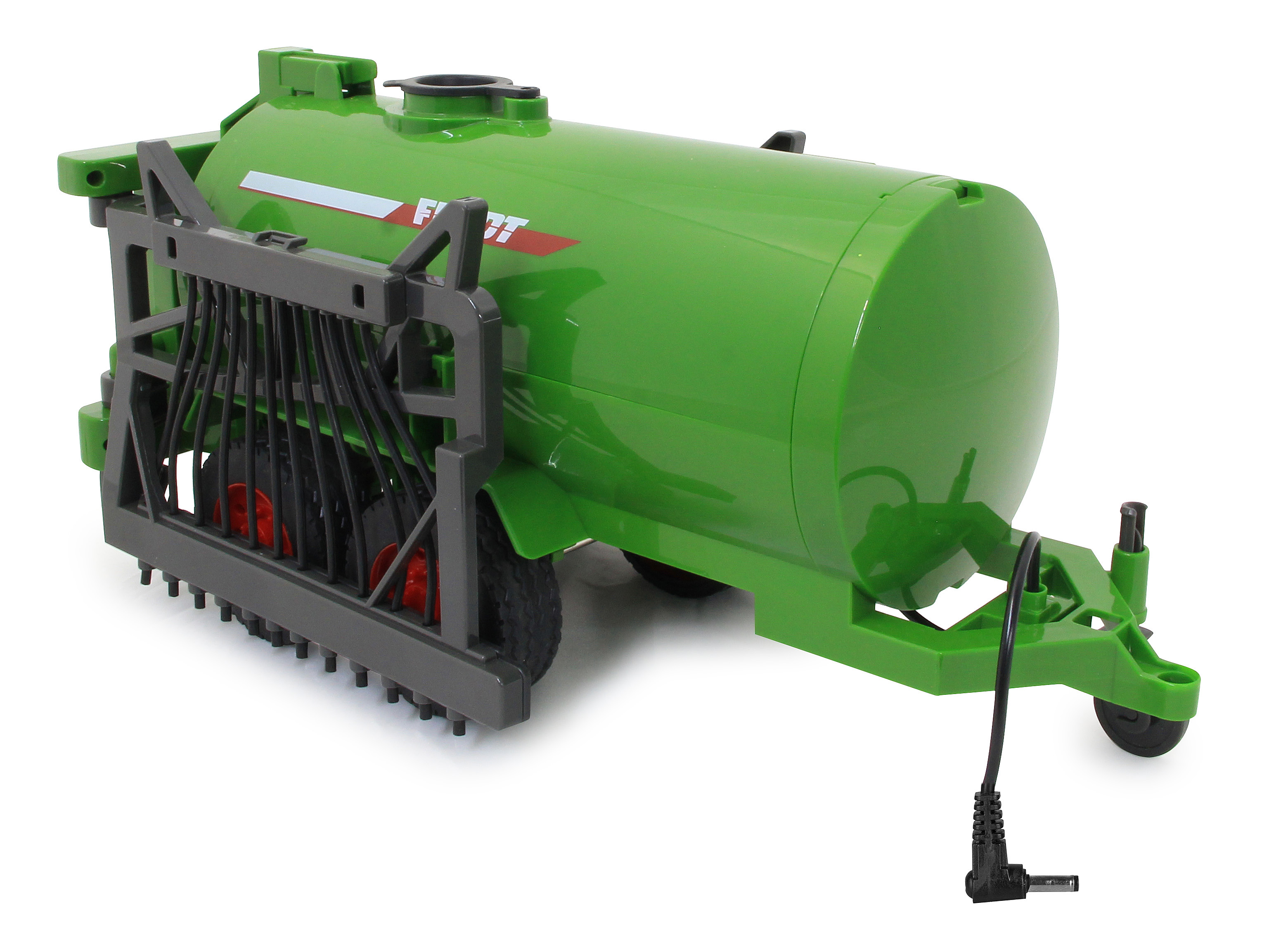 Grüner Spielzeugtank mit schwarzen Rädern mit roten Details. Weißer Hintergrund.