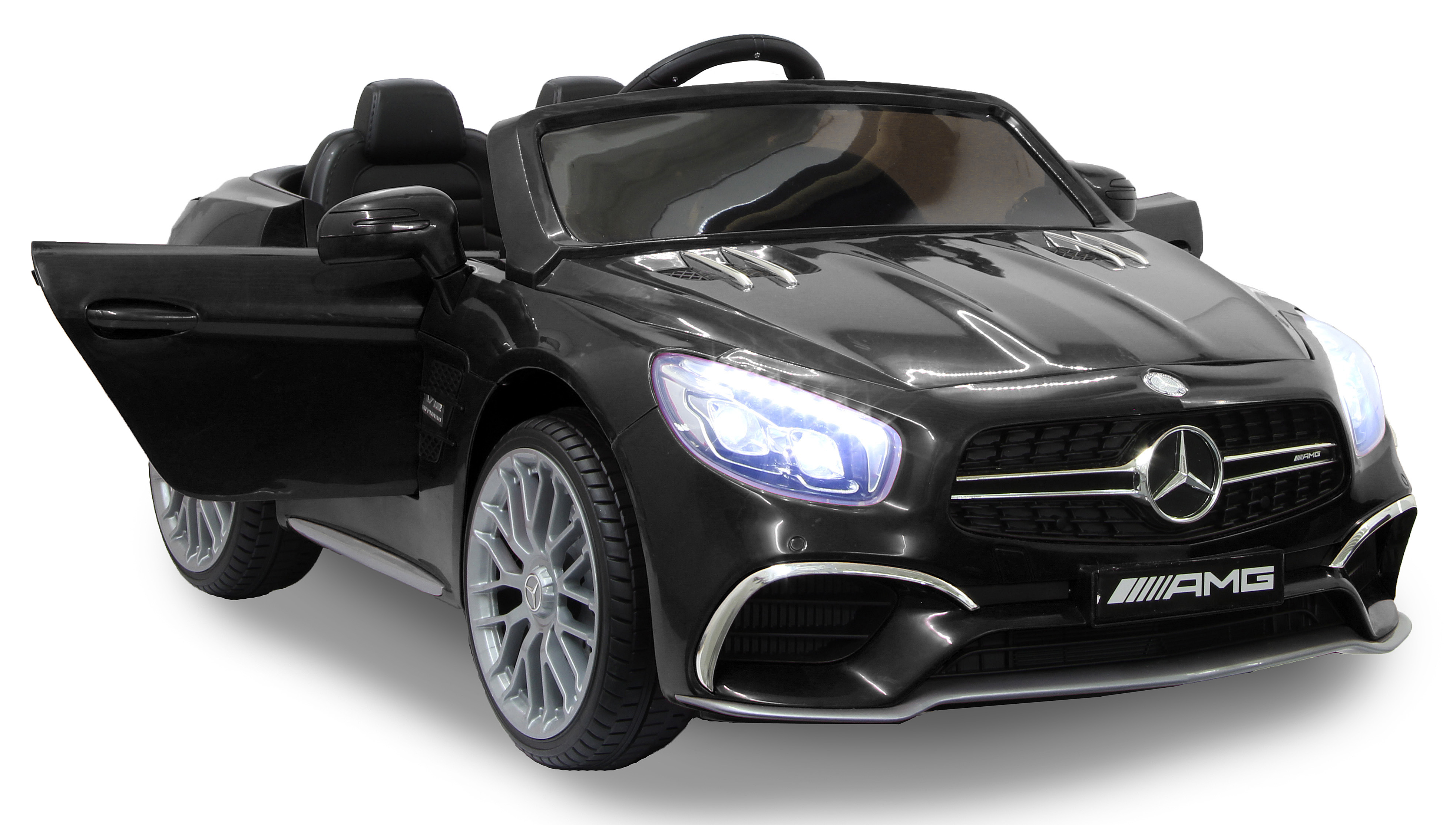 Schwarzer Spielzeug-Mercedes-Benz SL mit offener Tür. Weißer Hintergrund.