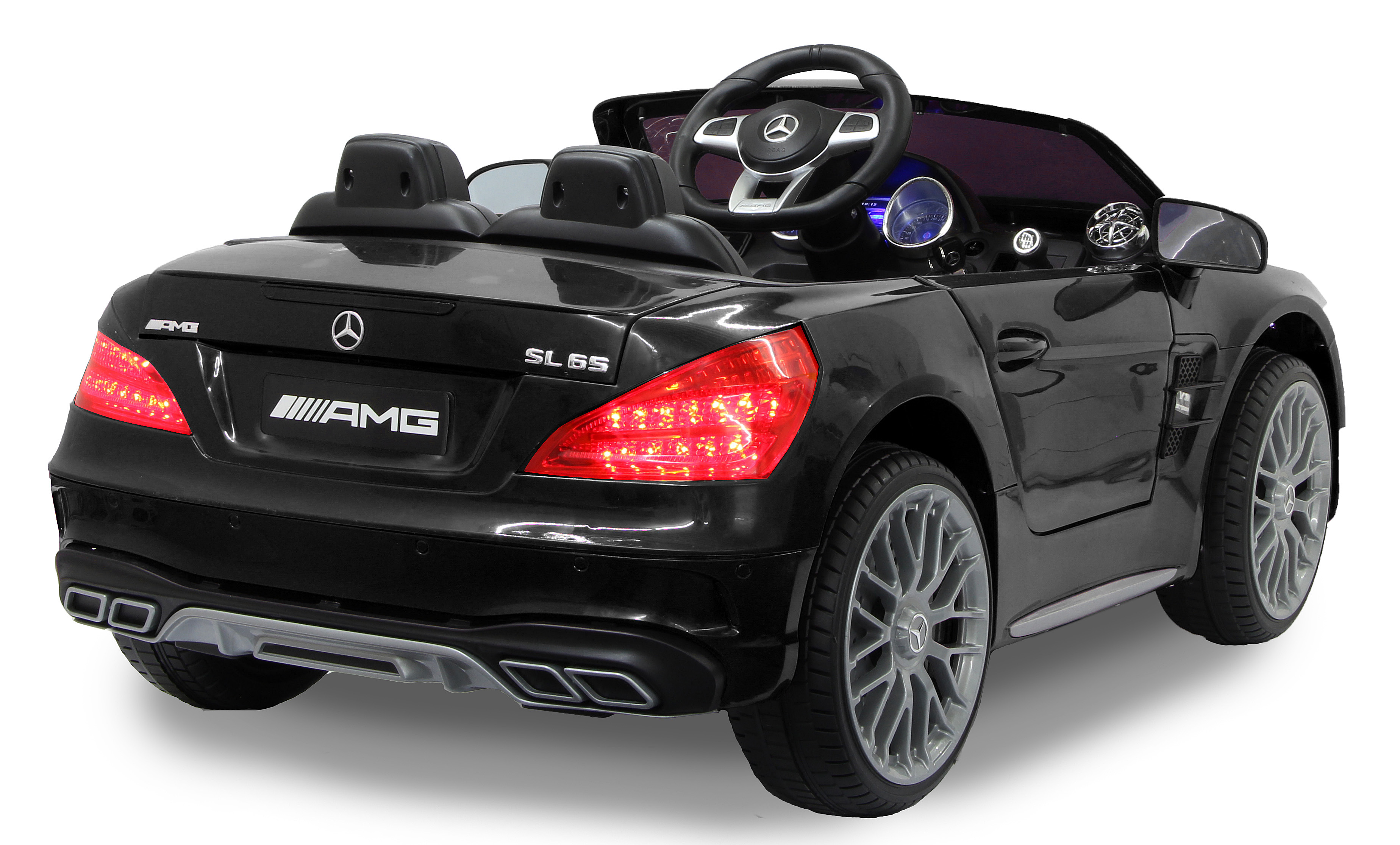 Schwarzer Spielzeug Mercedes-Benz SL 65 AMG Roadster. Rückansicht mit Rücklichtern, AMG Logo und Auspuff.