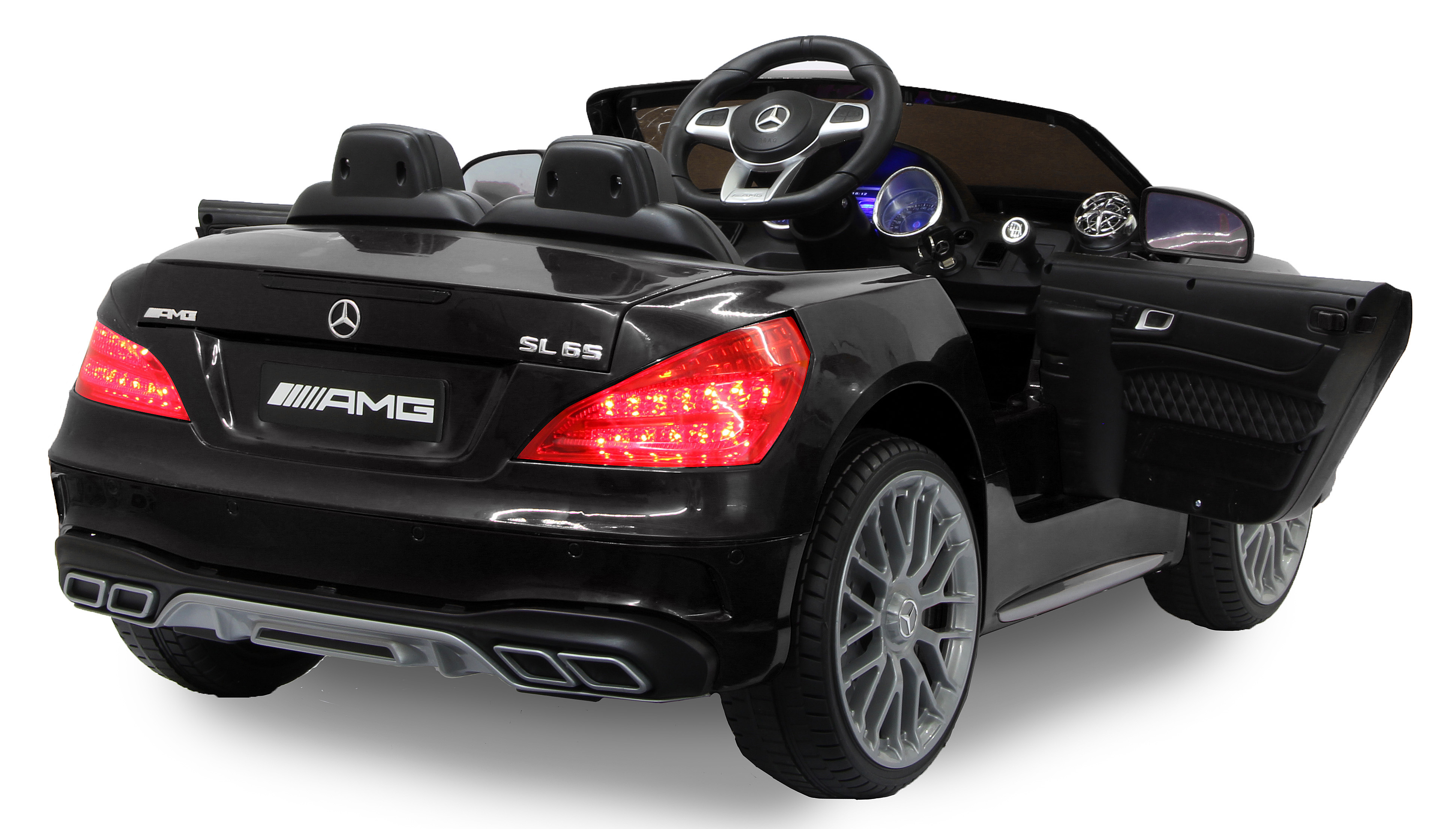Rückansicht eines schwarzen Spielzeug-Mercedes-Benz SL 65 AMG Roadsters mit offener Tür. Rücklichter leuchten.