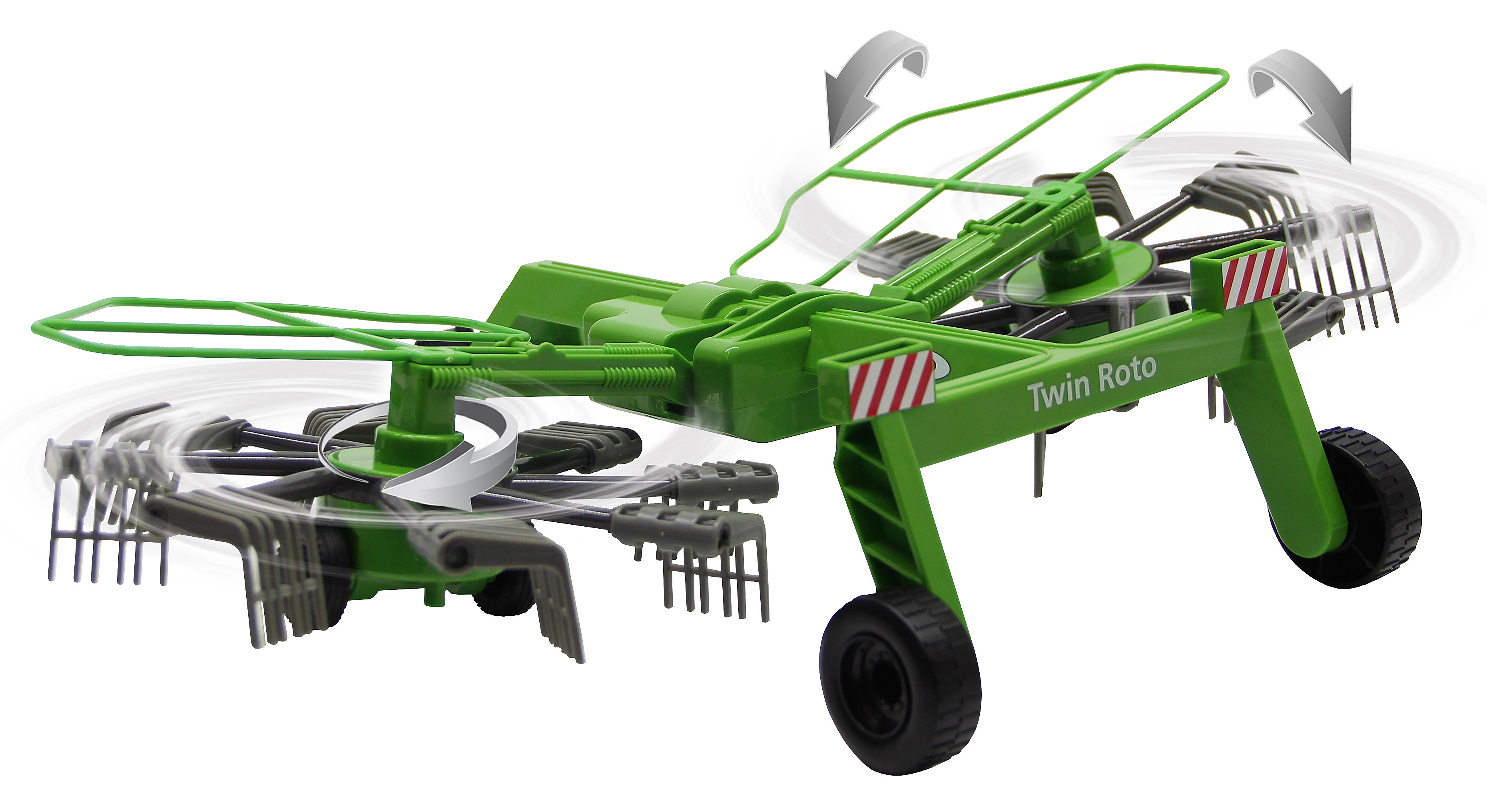 Ein grünes Spielzeug-Farmgerät, Twin Roto, mit rotierenden Zinken und Rädern. Pfeile zeigen Drehrichtungen.