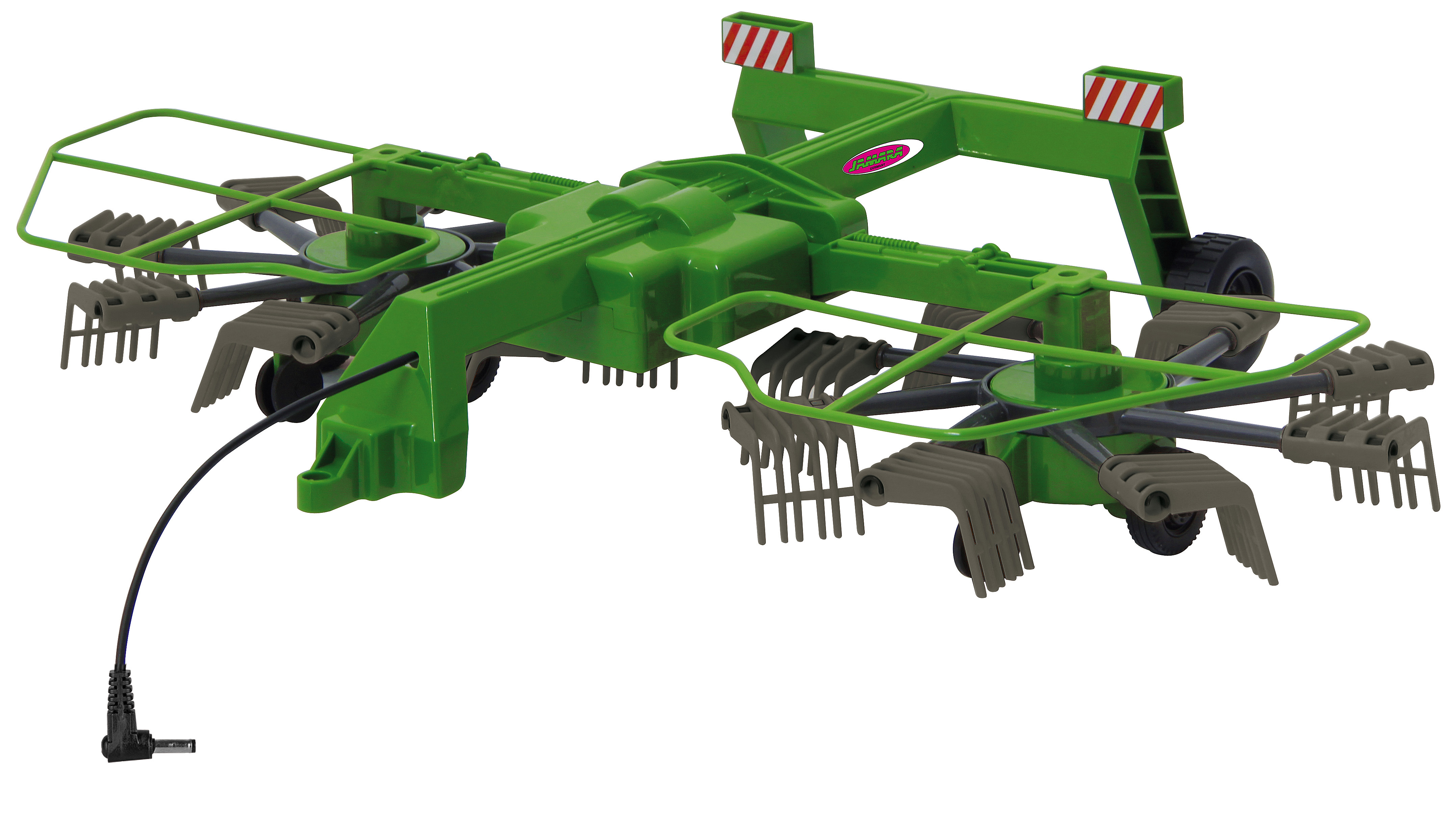 Ein grünes Spielzeug-Farmgerät, Twin Roto, mit schwarzem Kabel und Stecker. Das Gerät ist grün.