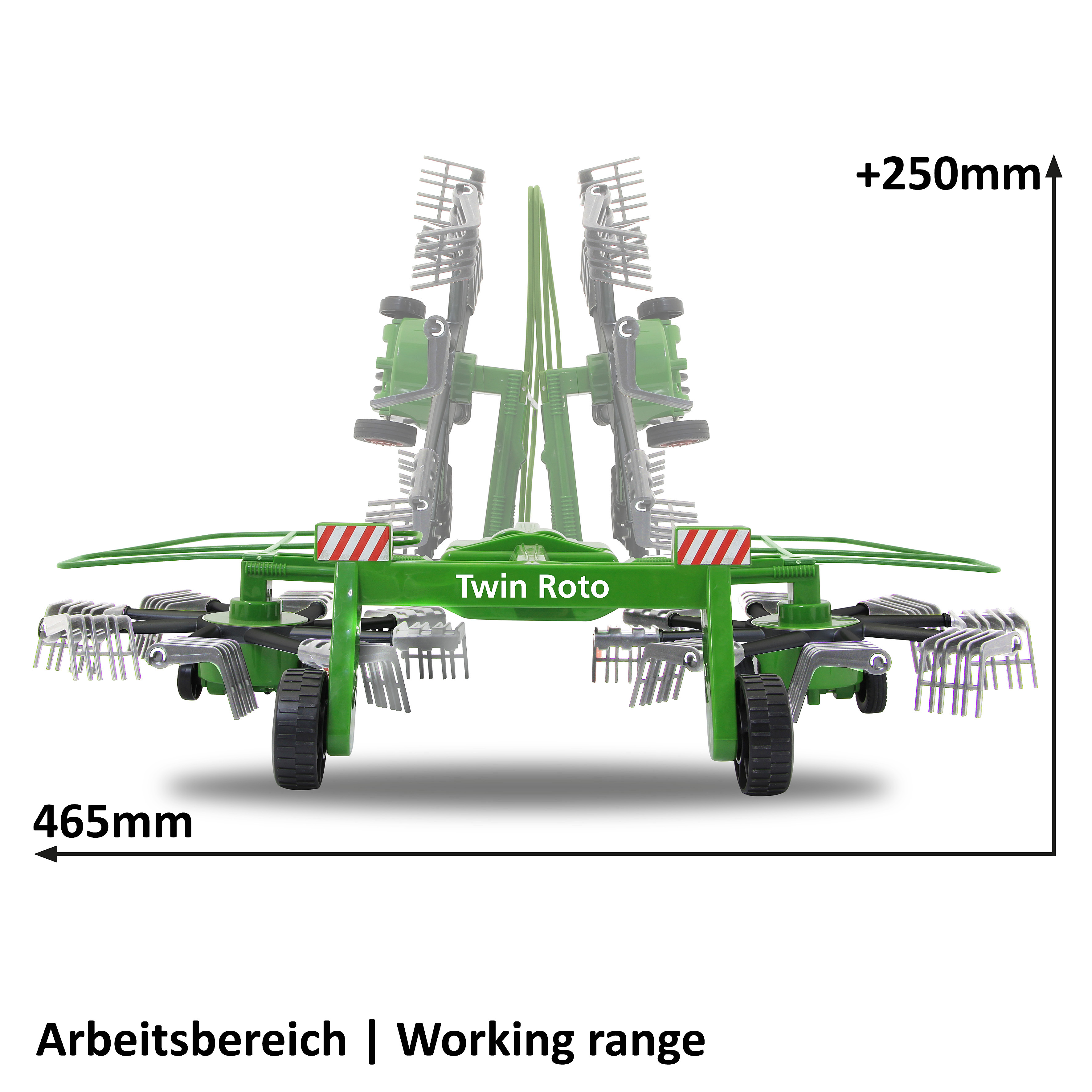 Ein grünes Spielzeug-Farmgerät, Twin Roto, mit beschrifteten Abmessungen. Arbeitsbereich und Höhe werden gezeigt.