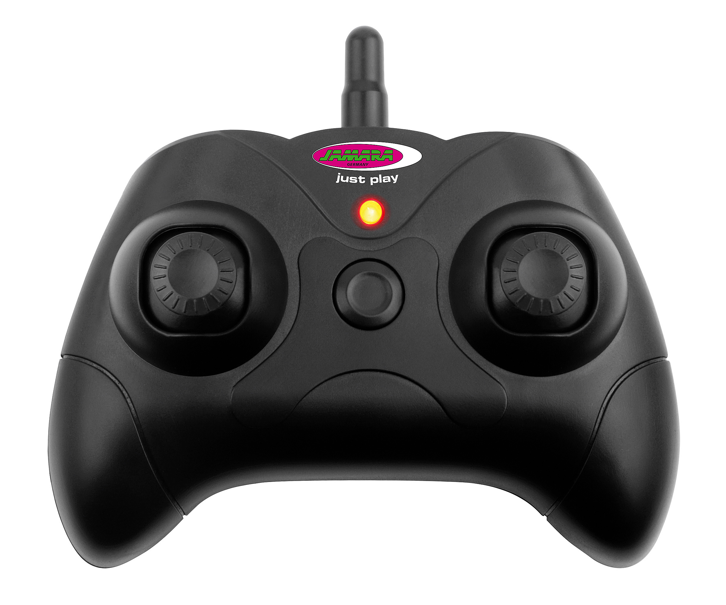 Eine schwarze Fernbedienung. Sie hat Knöpfe und ein rotes Licht. Das Logo ist von 'Just Play'.