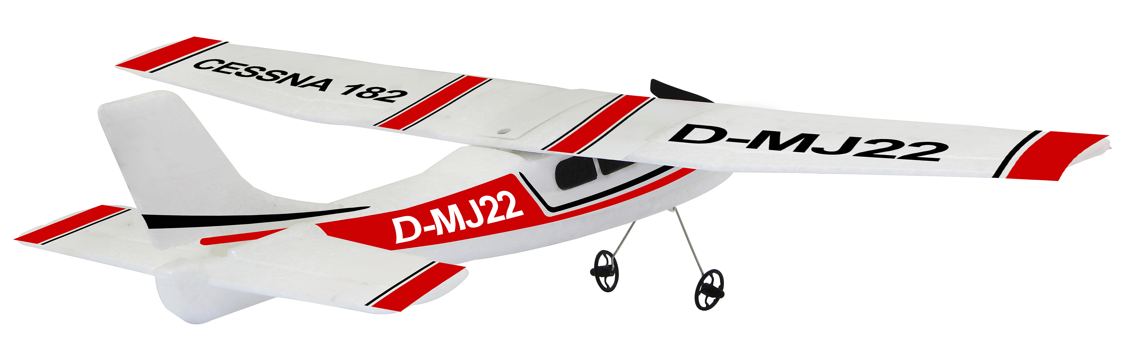 Weißes und rotes Spielzeugflugzeug. Das Flugzeug hat den Text 'CESSNA 182' und 'D-MJ22'.