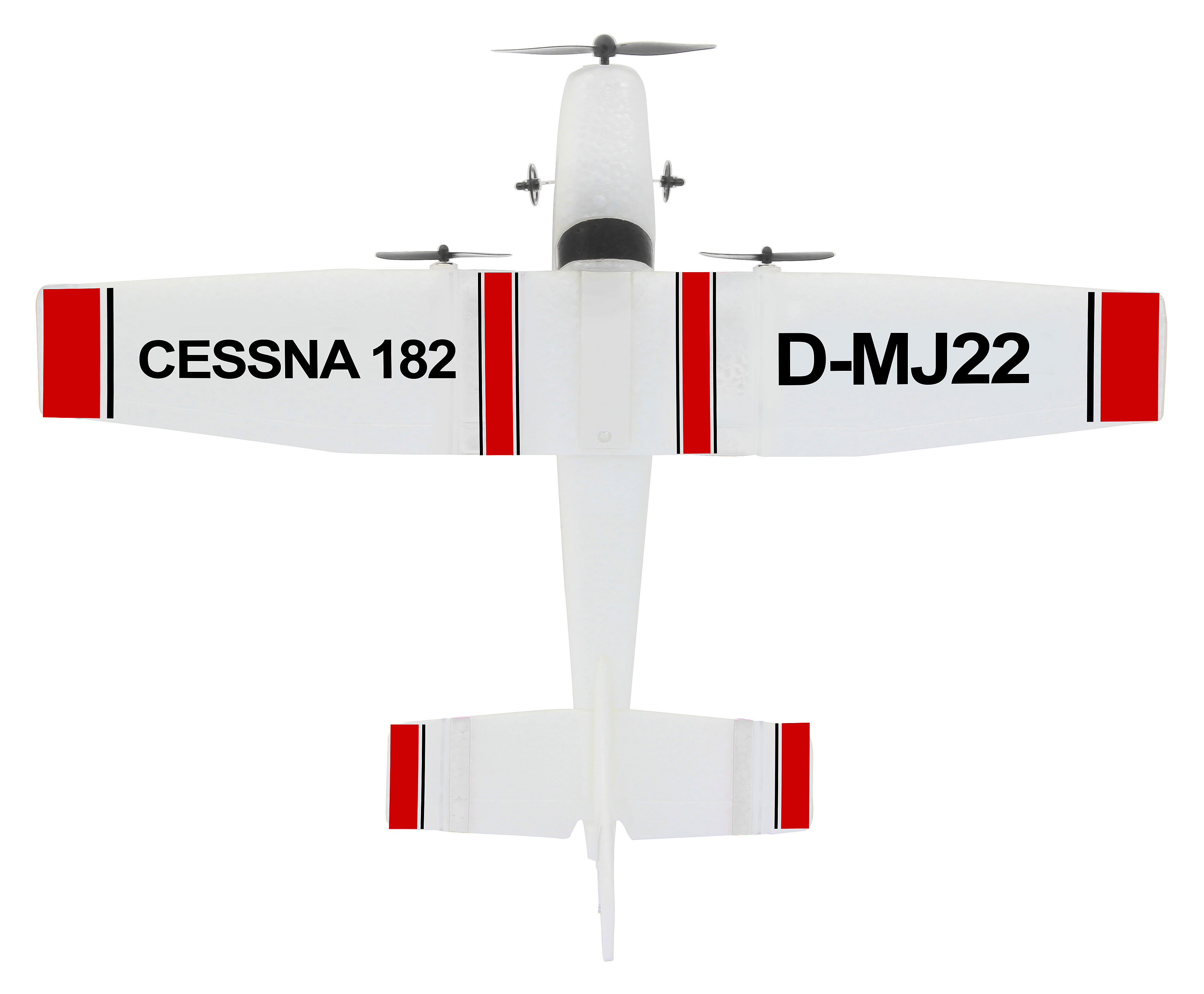 Draufsicht auf weißes und rotes Spielzeugflugzeug. Mit den Texten 'CESSNA 182' und 'D-MJ22'.