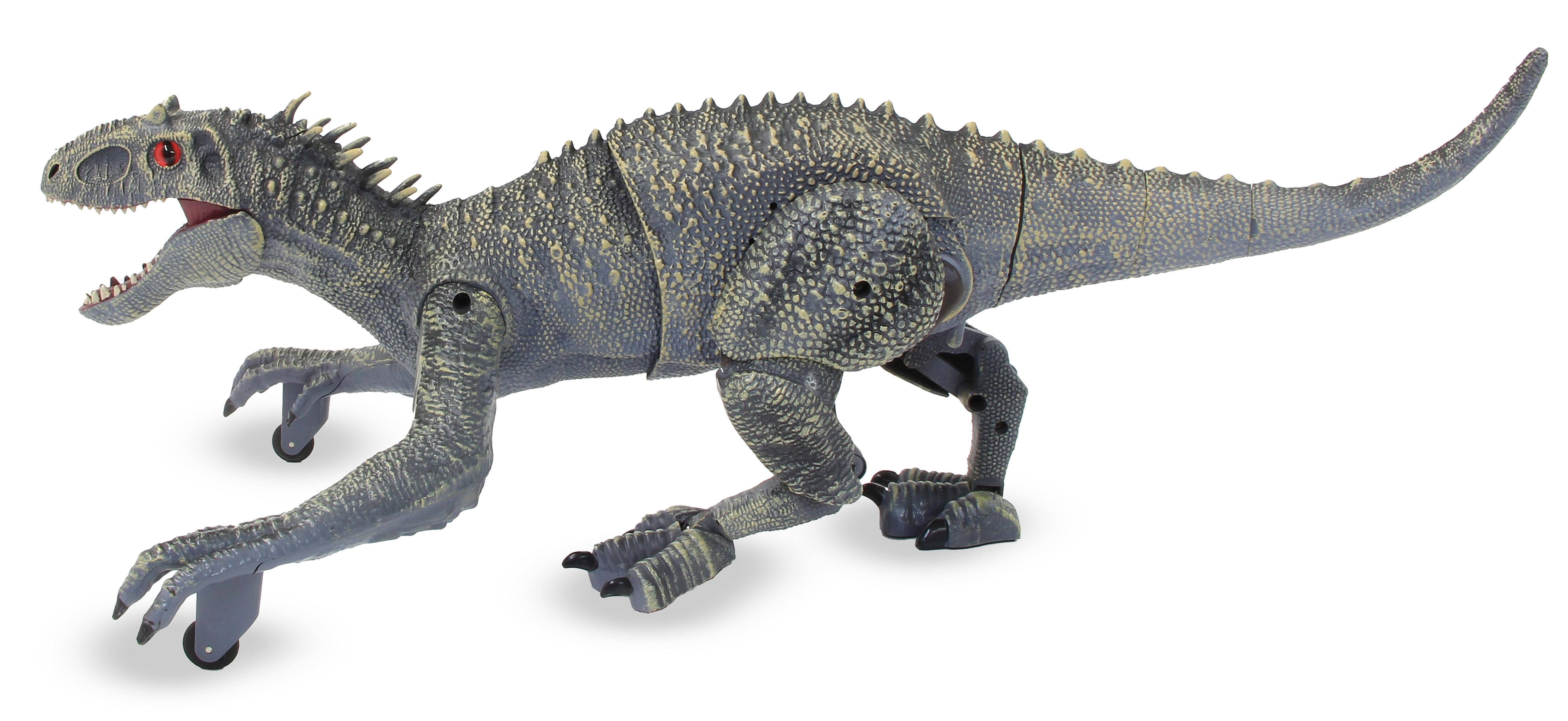 Spielzeug-Dinosaurier mit grauem Körper und roten Augen. Der Dinosaurier rennt auf dem Boden.