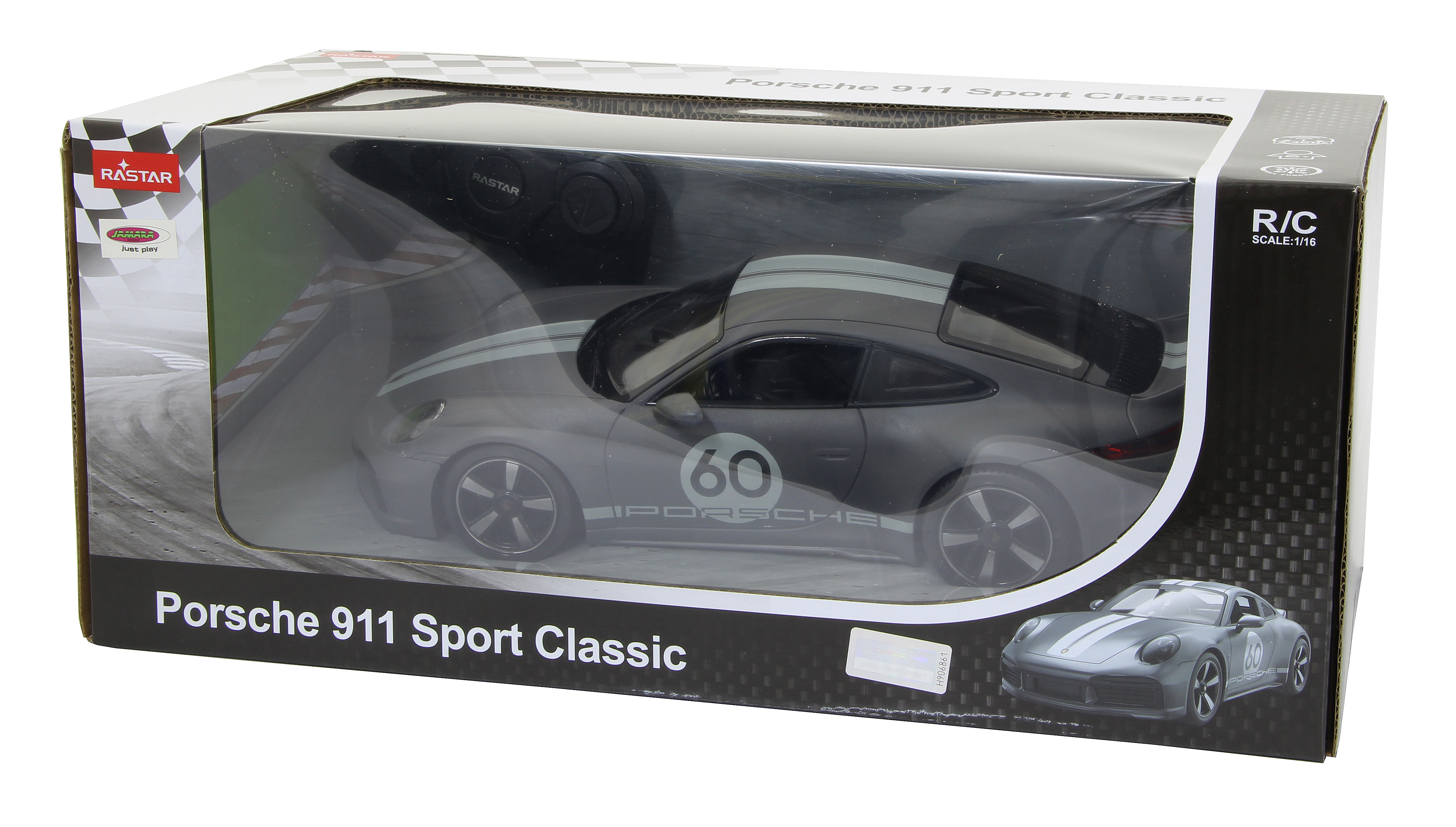 Graues Porsche 911 Sport Classic Spielzeugauto in einer Box. Weißer Hintergrund.