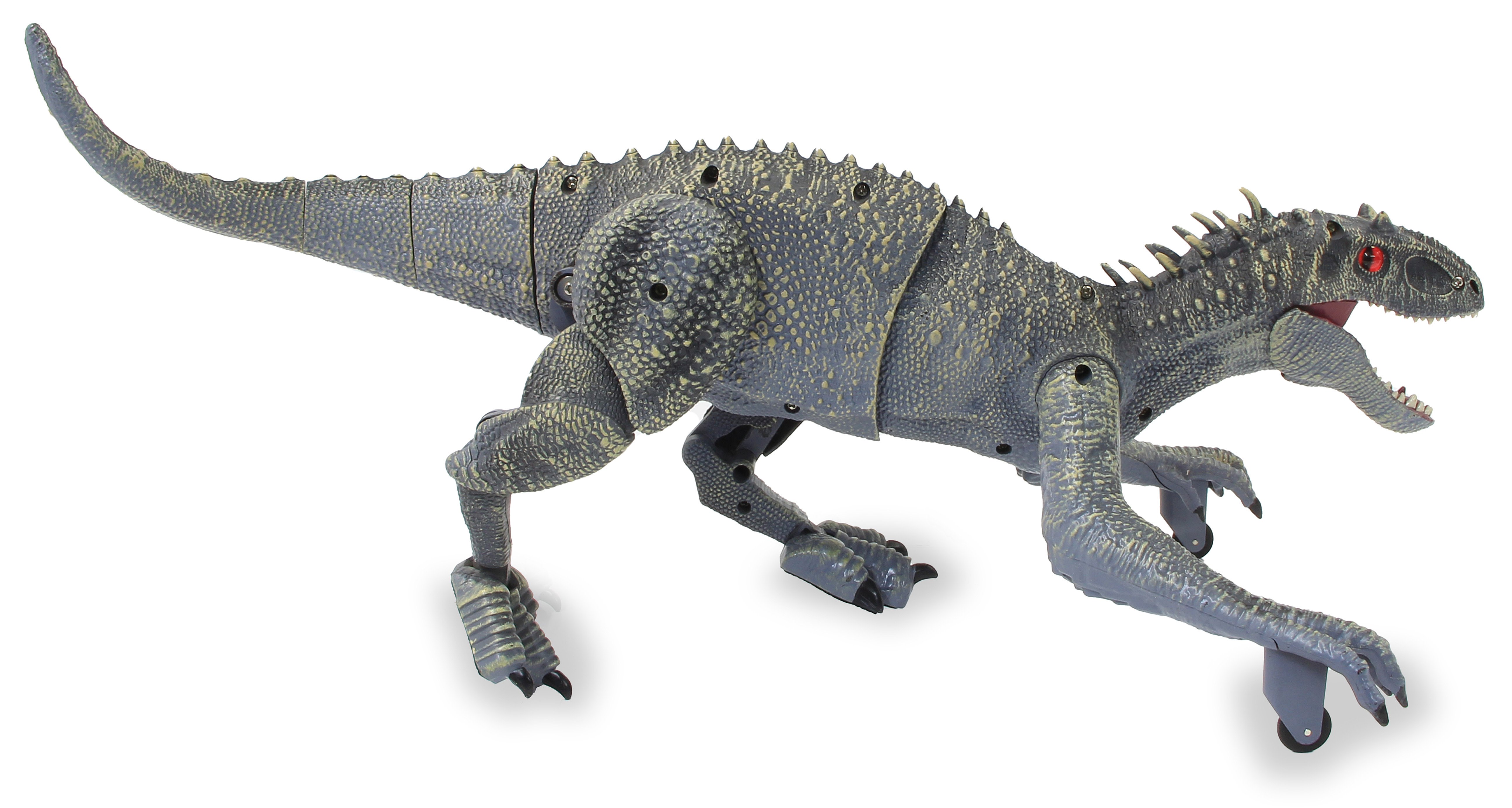 Spielzeug-Dinosaurier mit grauem Körper und roten Augen. Der Dinosaurier steht mit offenem Maul.