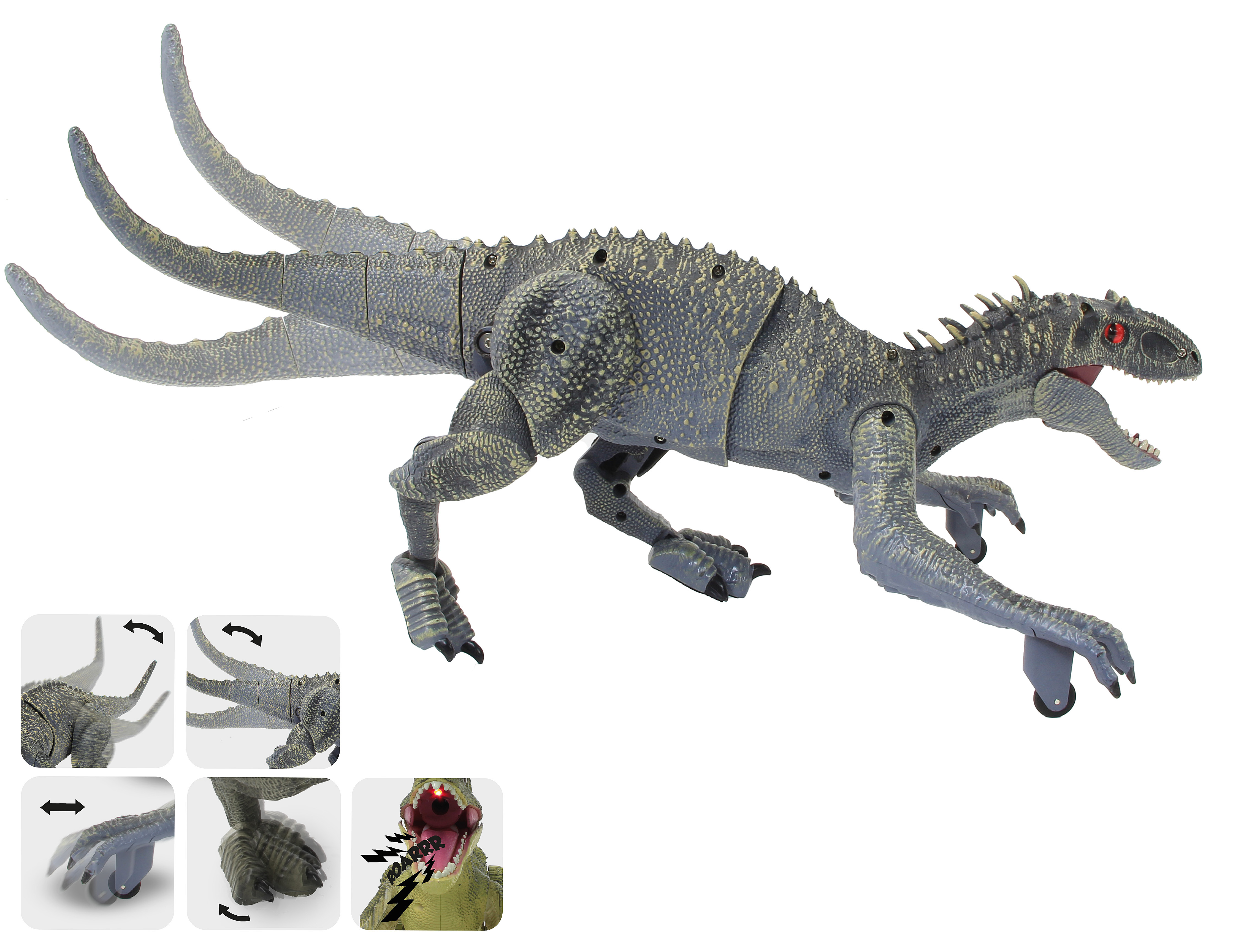 Animierter grauer Spielzeugdinosaurier mit beweglichen Teilen und brüllendem Maul. Weißer Hintergrund.